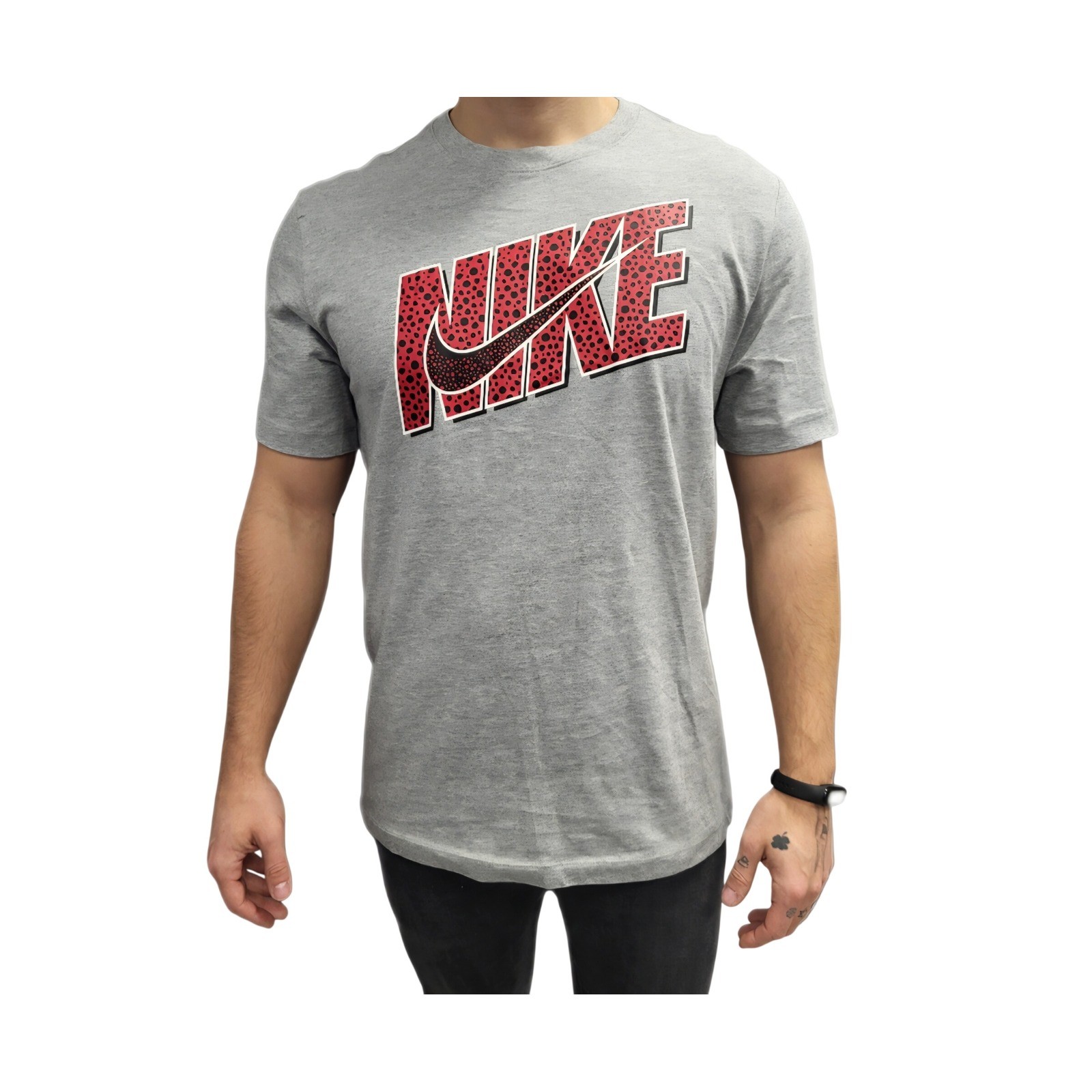 Nike Mens Safari Print Graphic T-Shirt Gray Red Logo Short Sleeve Small