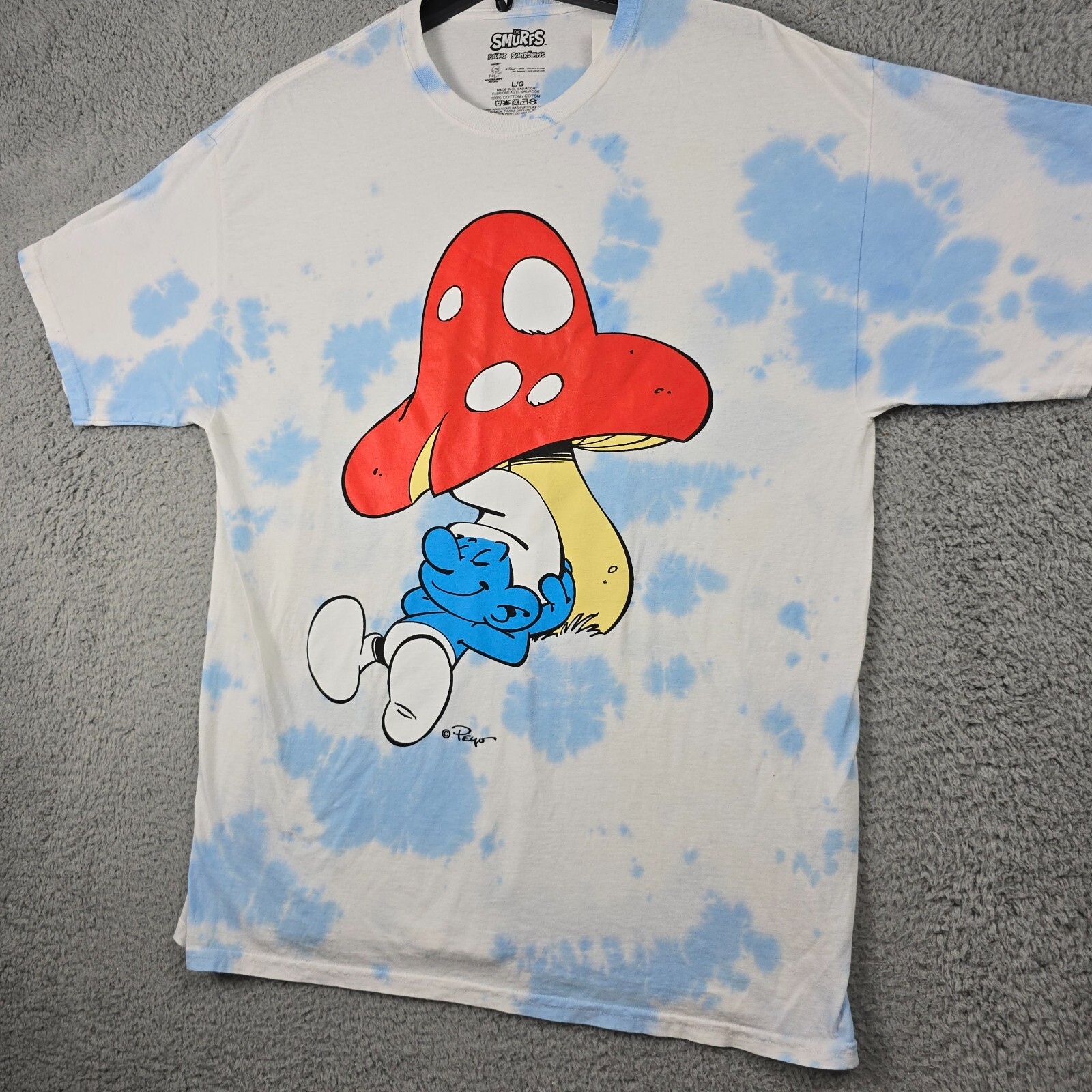 Smurfs Tie Dye Shirt Mens Large L Blue White Retro Mushroom Cartoon Casual NWT