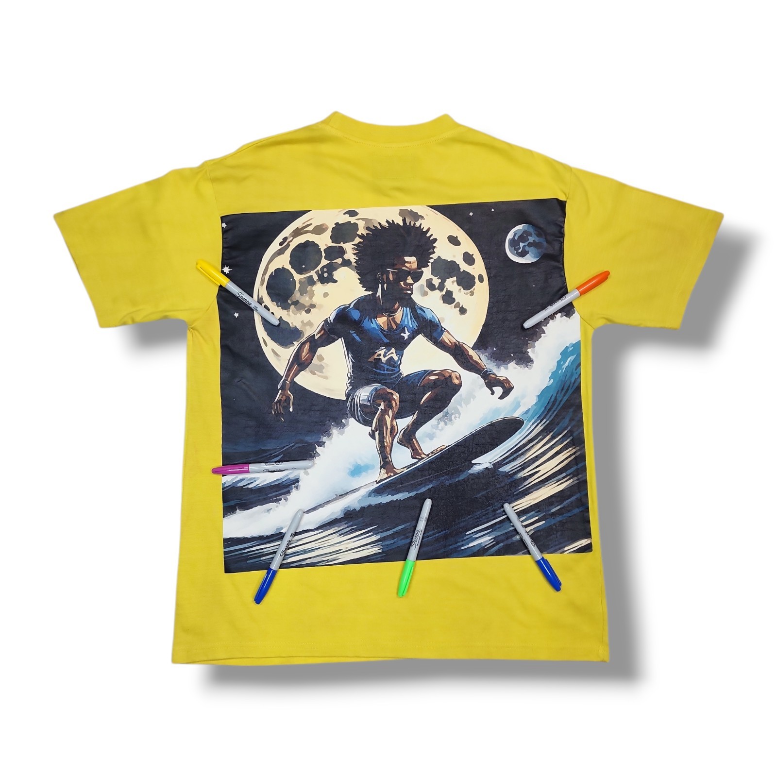 M.D.M. High Large Surf Graphic Print & Embroidered Front Yellow T-Shirt Men’s L