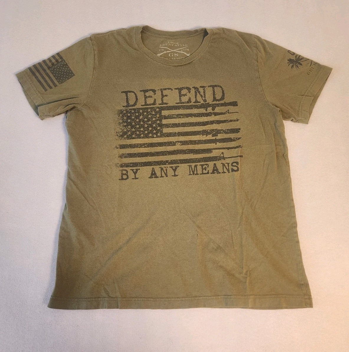 Grunt Style T-Shirt Olive Green Large Defend By Any Means American Flag Graphic