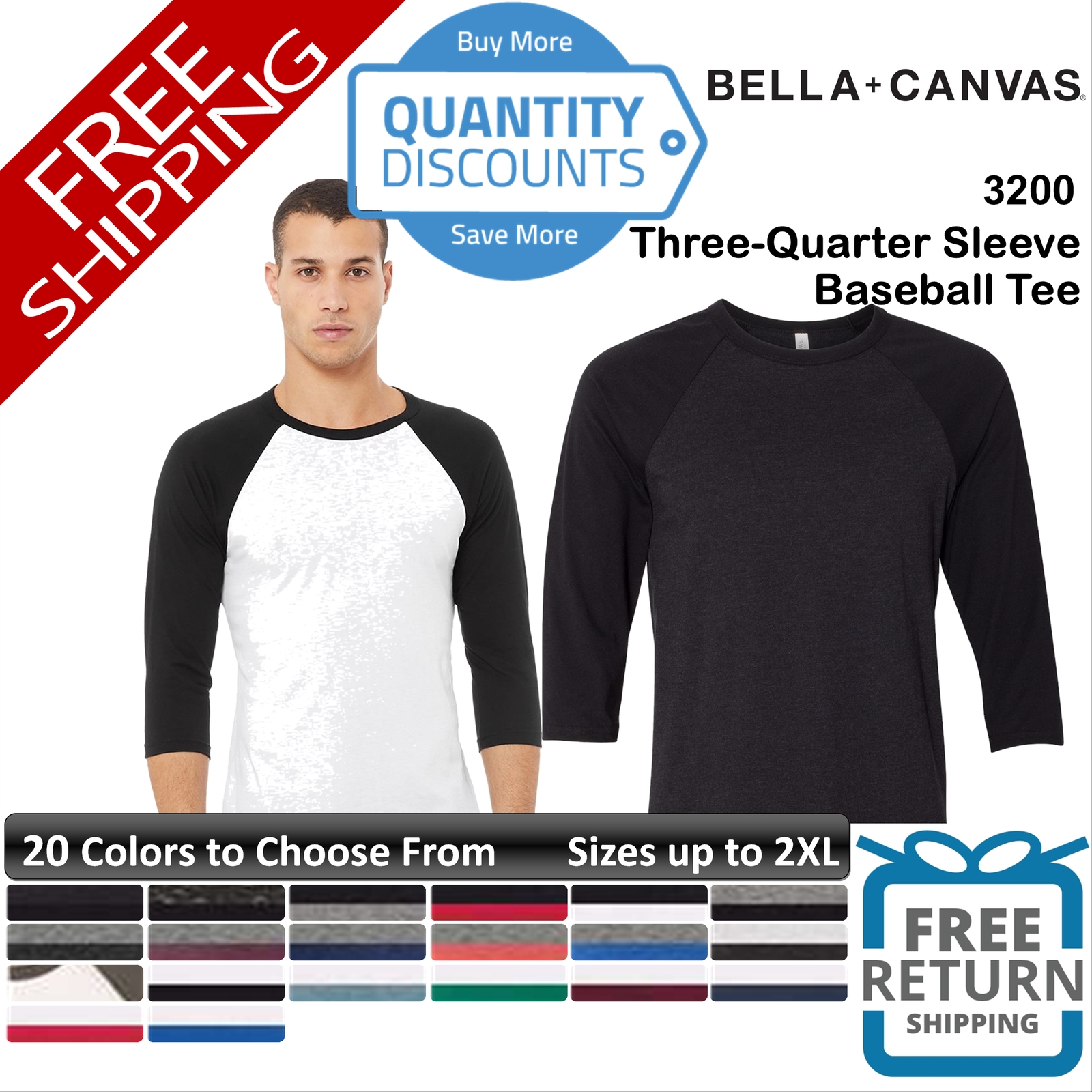 🔥 Bella + Canvas Men Three-quarter Sleeve Blend Baseball T Shirt Up To 2XL 3200