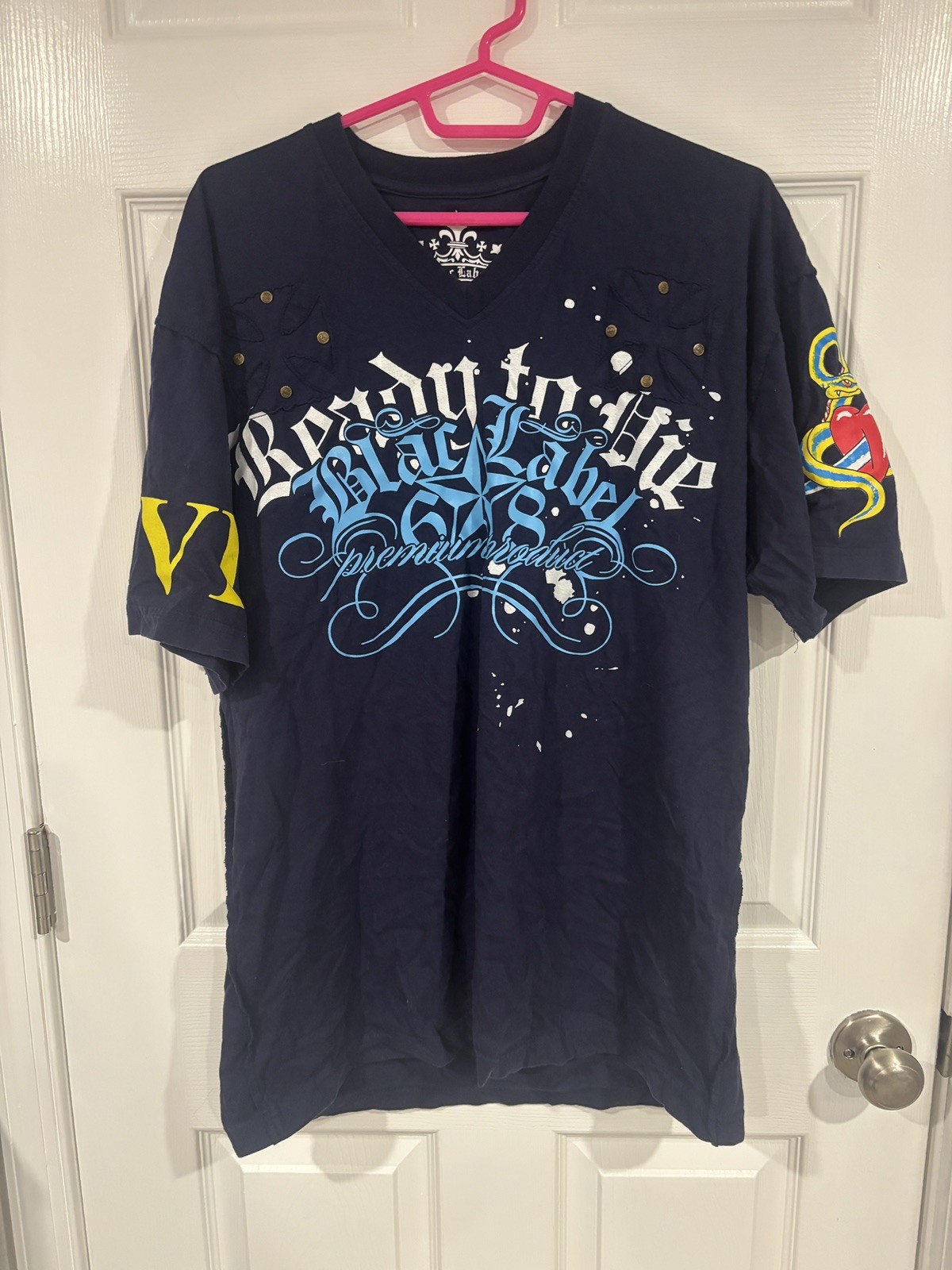 Blac Label Navy Blue V Neck Tee Y2K Vintage Print on Both Sides Ready To Die