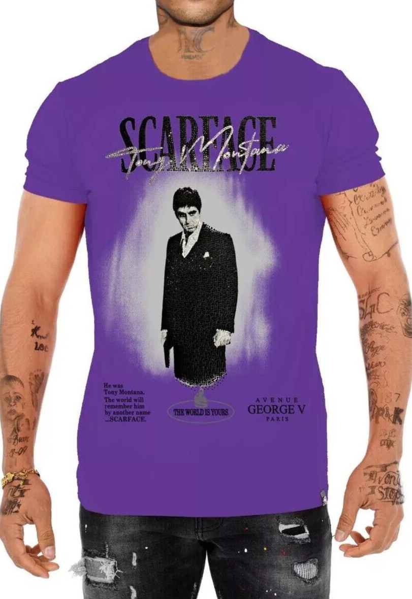 Avenue George V Paris Tony Montana Scarface Men’s Purple T-Shirt Rhinestone