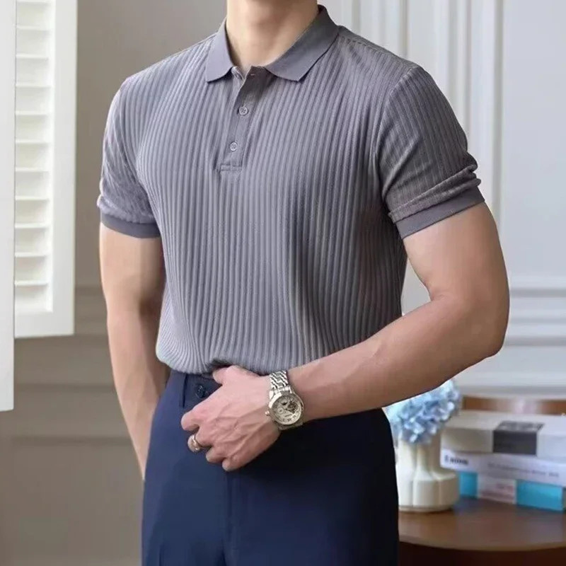 Male Casual Vintage Comfortable Lapel T-shirt Knitted Top 2025 New Summer Men Tr