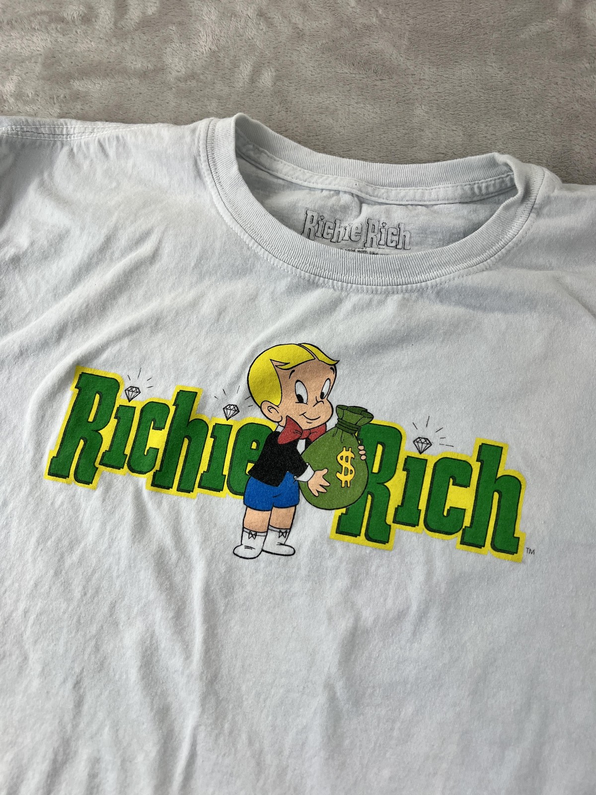 Richie Rich Shirt Mens Large White Cartoon Money Bag Graphic Tee Comics Retro