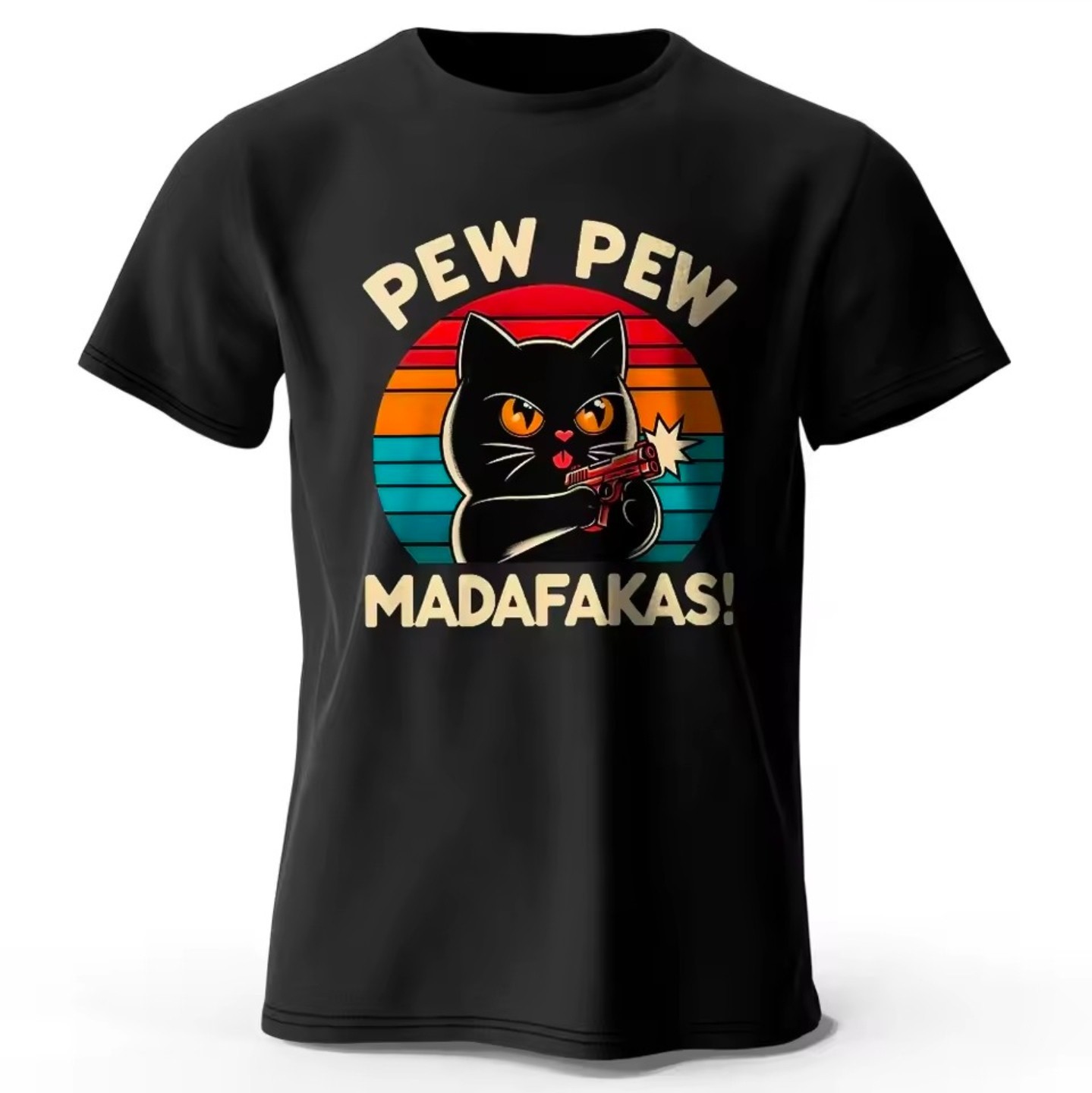 Pew Pew Madafakas T-Shirt Black Cat Saying Funny Funshirt Retro Mens New