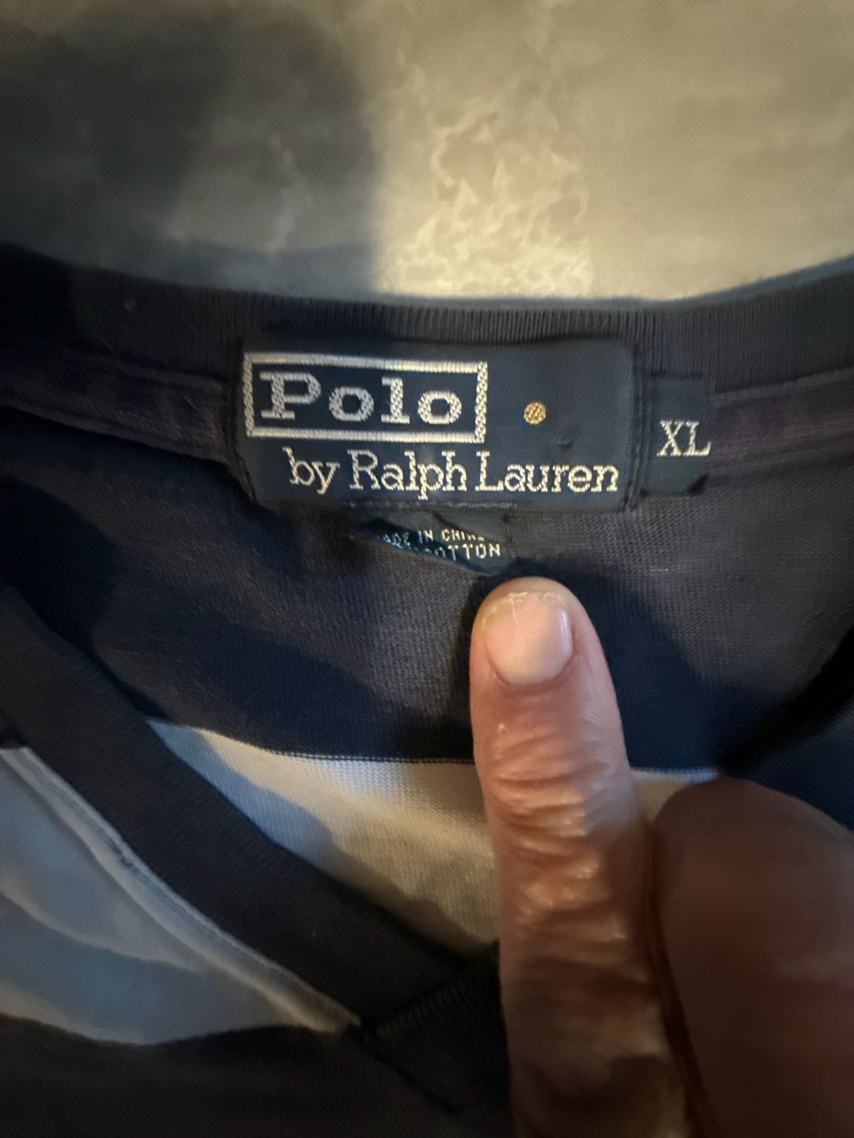 Polo Ralph Lauren Navy Blue & White Striped T-Shirt Size XL Bottom Hem Logo