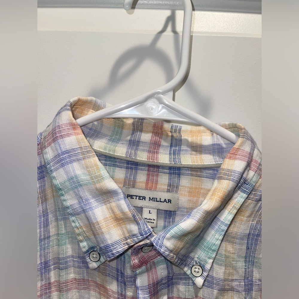 Peter Millar 100% linen striped checkered long sleeves men shirt L