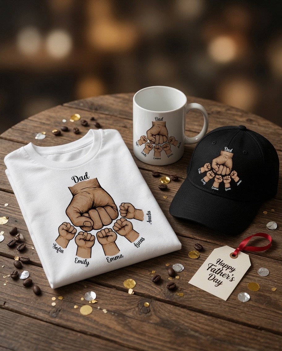 Custom Dad Fist Bump Gift Set Shirt Mug Hat Kids Names Father’s Day Bundle
