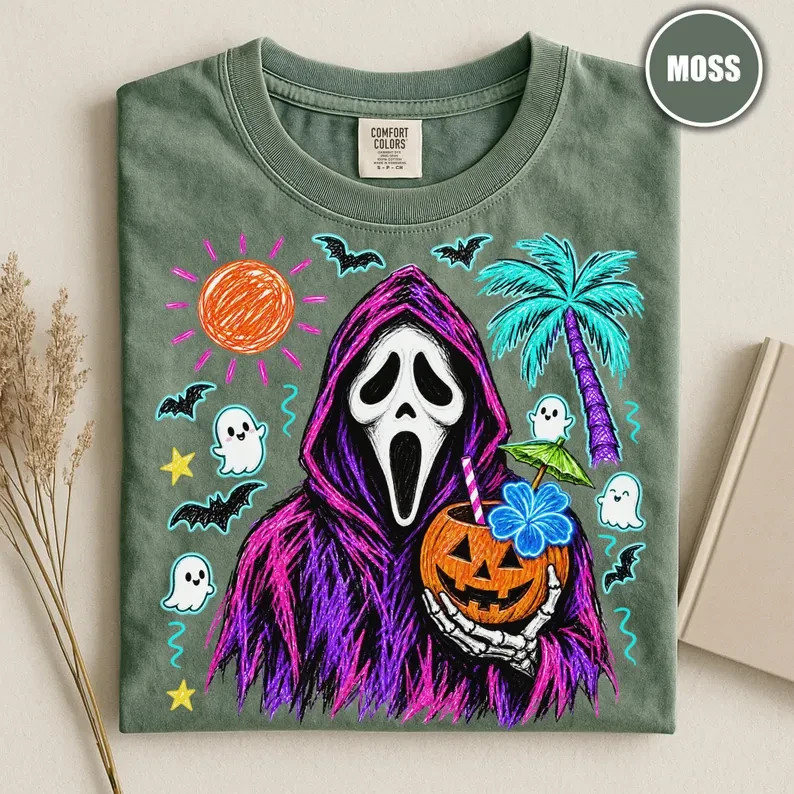 Spooky Ghost Mask Halloween Shirt Tropical Pumpkin Drink Tee Gildan Unisex