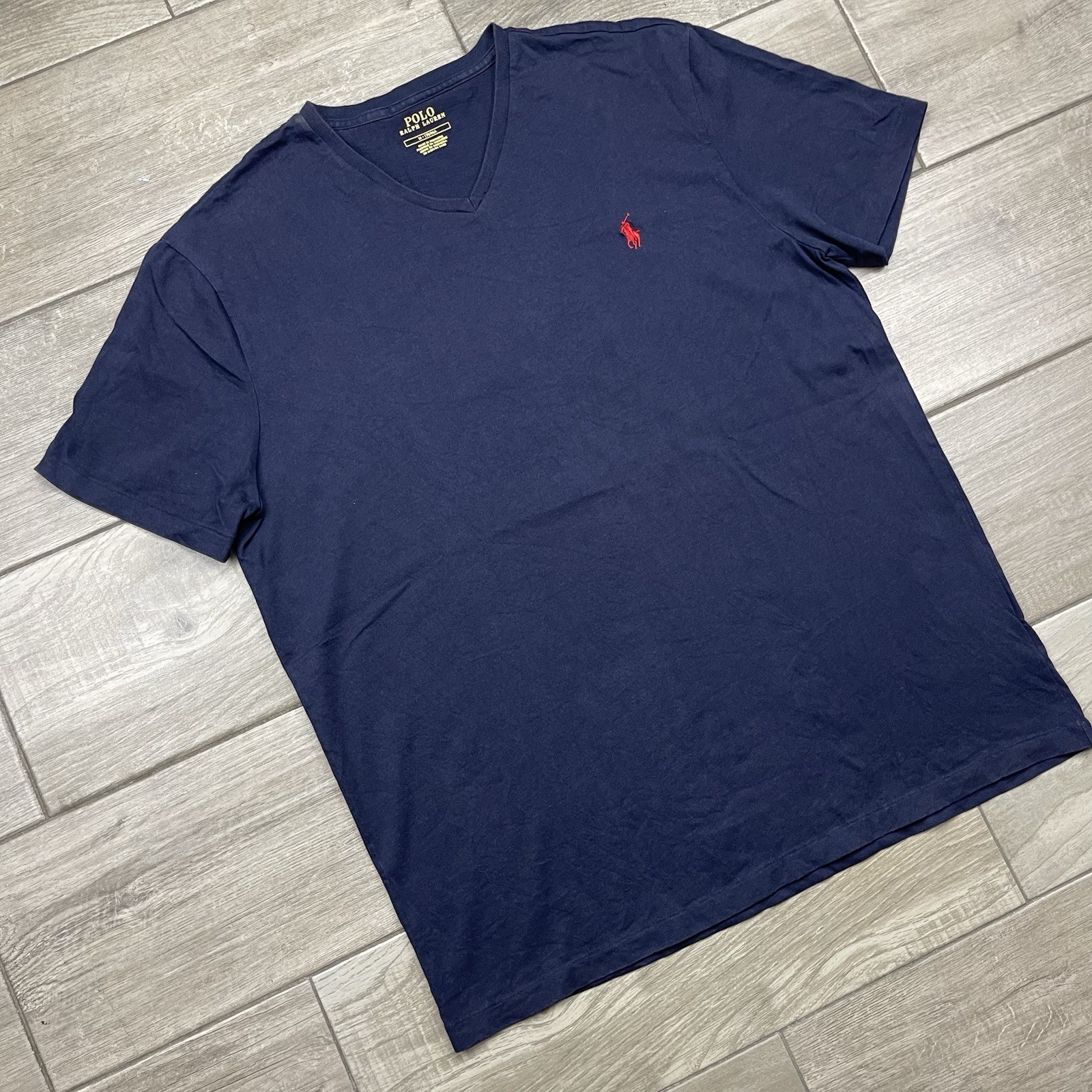 Polo Ralph Lauren V Neck T Shirt Mens Medium Cotton Navy Blue Red Pony Logo