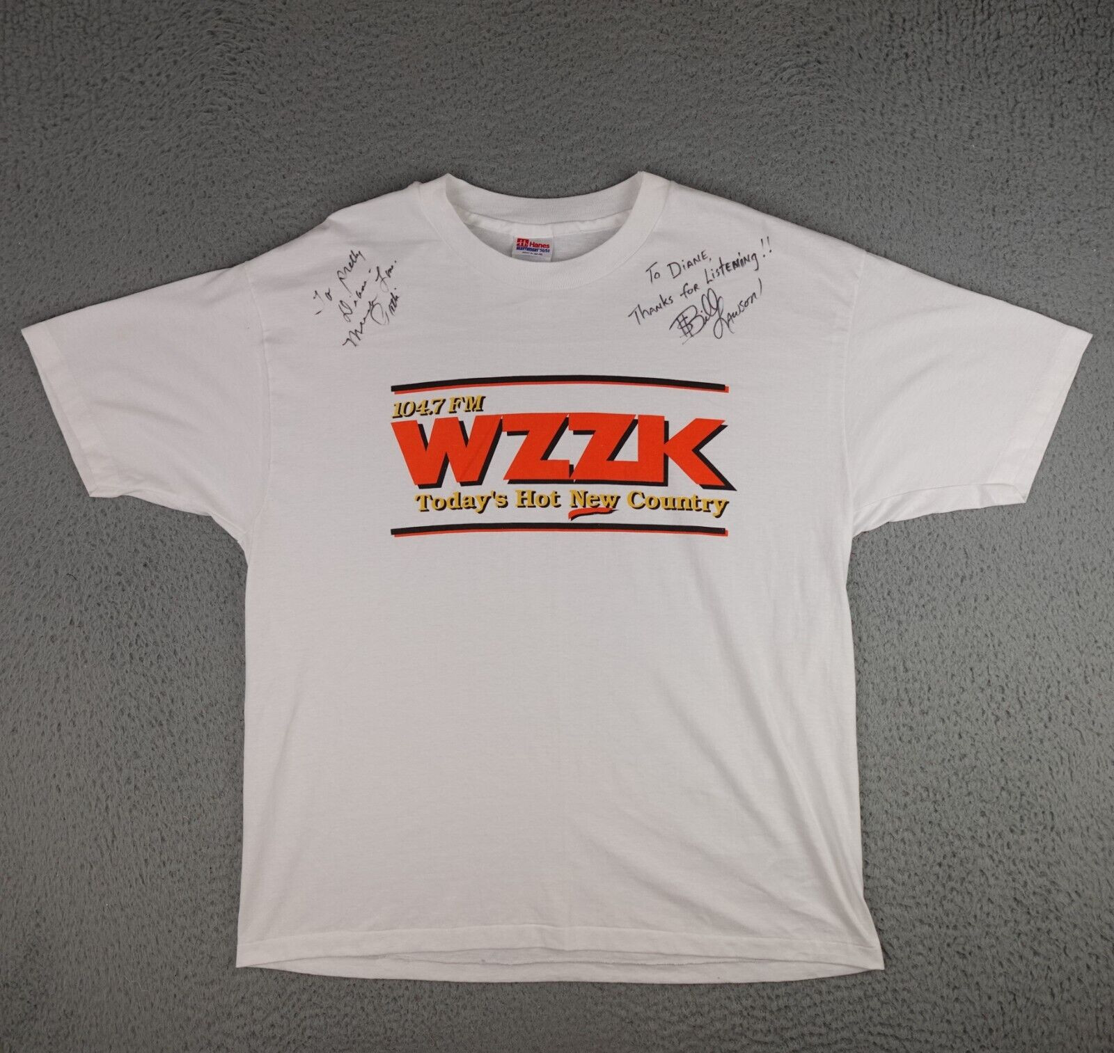 Vintage WZZK Country Music Shirt Mens XL White 104.7 Bill Lawson Signed 90s