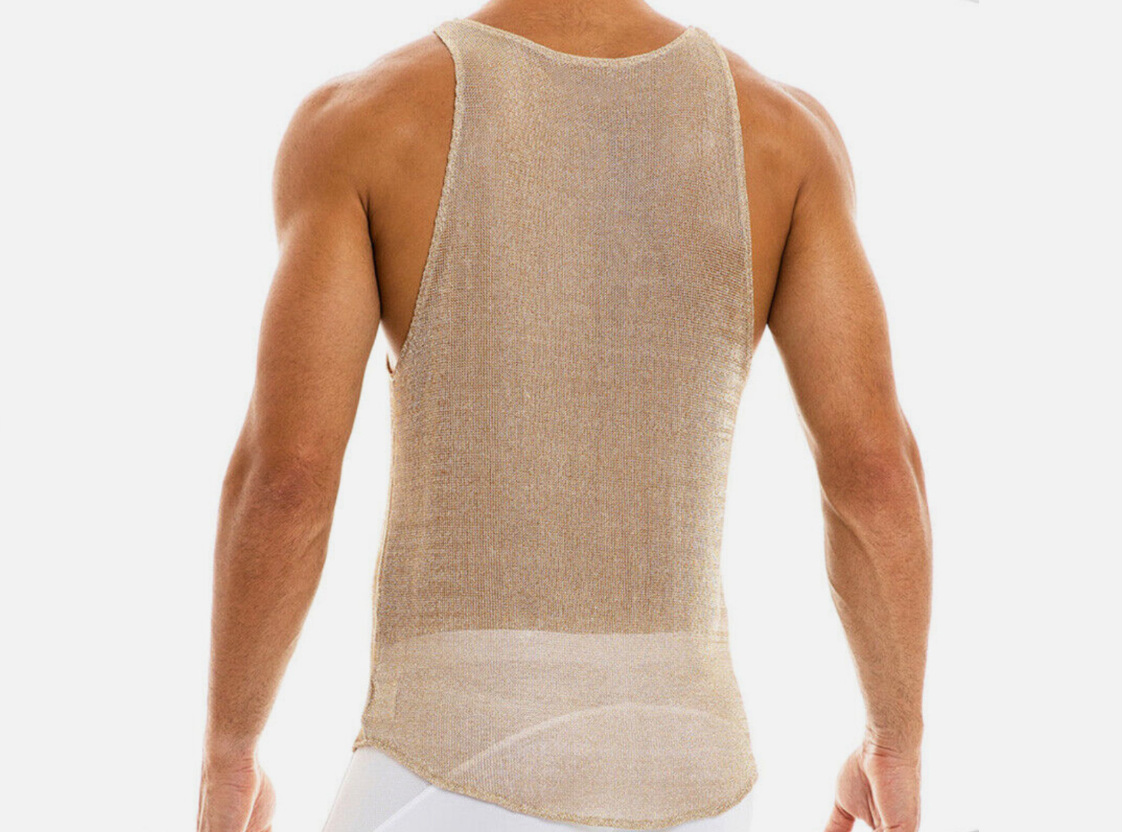 INCERUN Men’s Gold Size XL Scoop Neck Sheer Mesh Metallic Pocket Tank Top