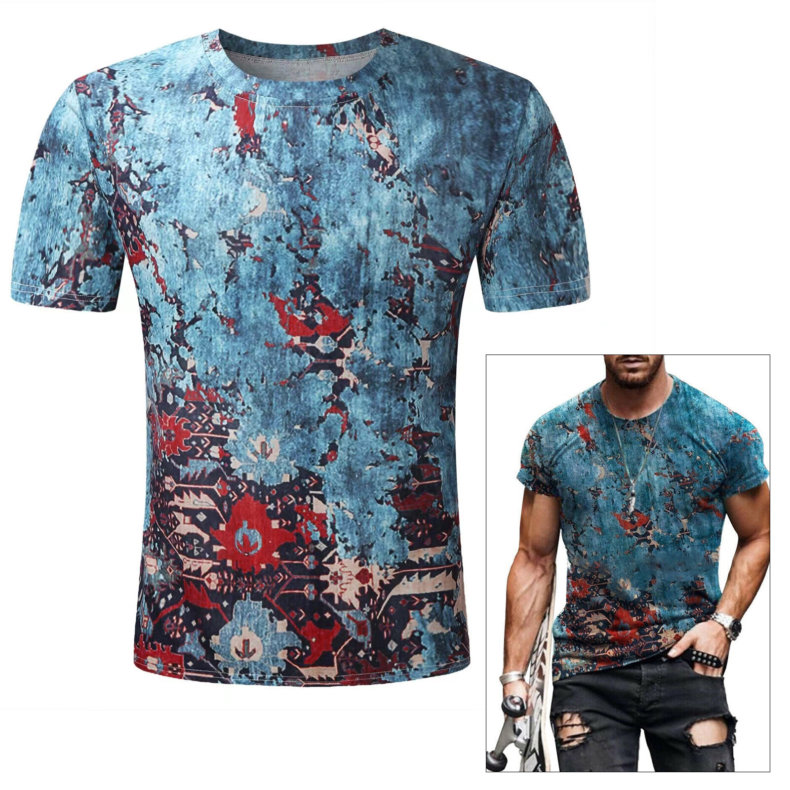 Mens T-Shirt Vintage Short Sleeve Blouse Summer Casual Fitness Tops Tee US