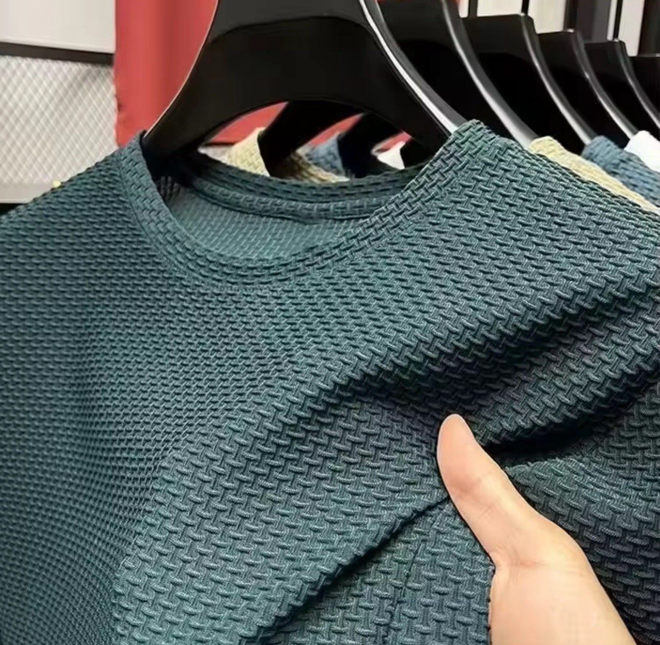 Men’s Teal Geometric Textured Crew Neck Short Sleeve Cotton T-Shirt, Size M