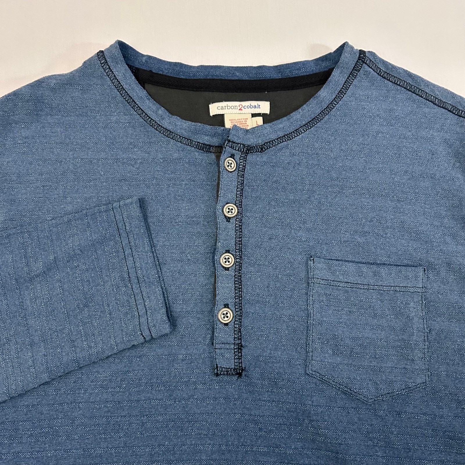 Carbon 2 Cobalt Shirt Mens Large Blue Cotton Long Sleeve Watermark Henley