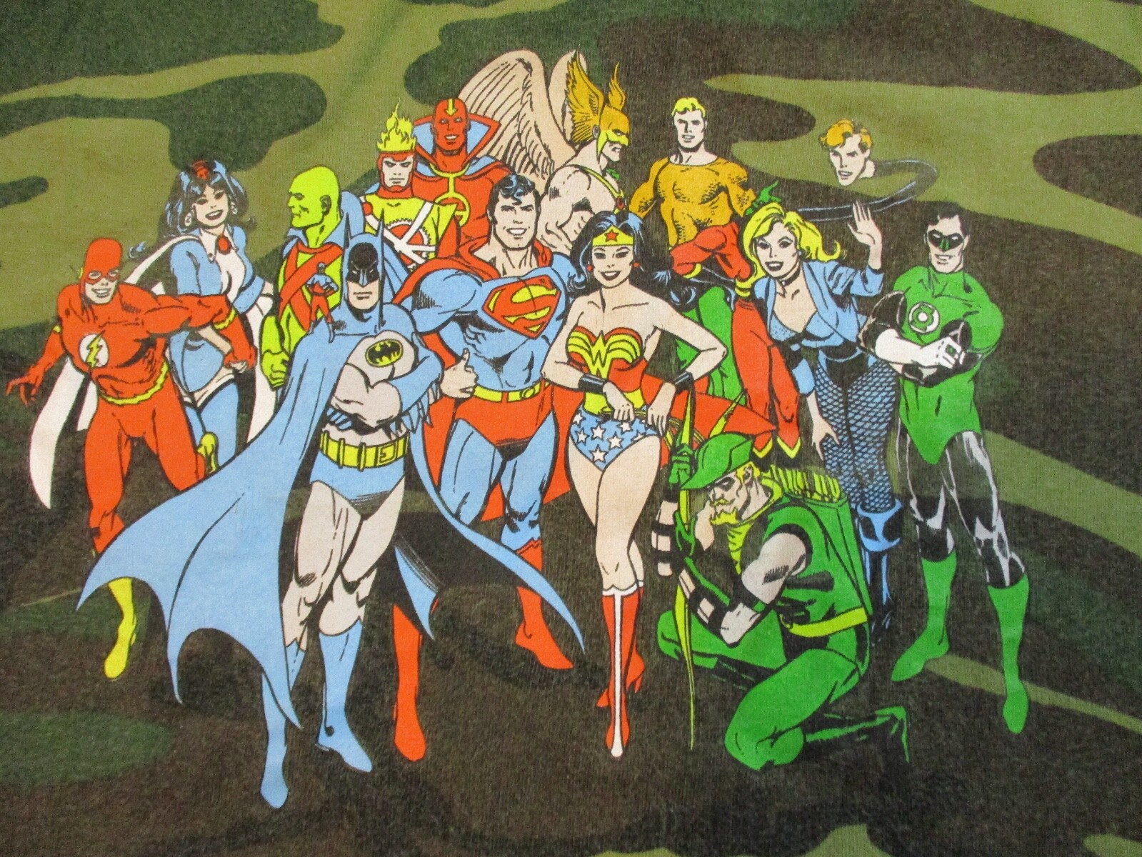 Vintage DC Comics Justice League Shirt Mens XL Green Camo Super Hero TV Movie