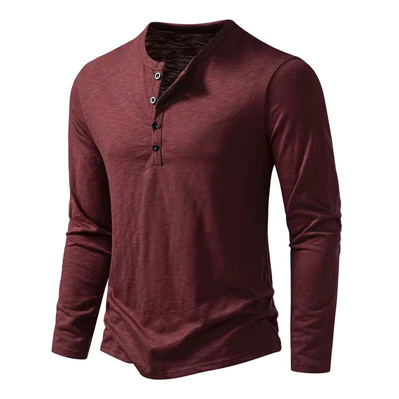 Men’s Shirt Cotton Henley Neck T-Shirts Long Sleeve Casual Button Plain 25% OFF