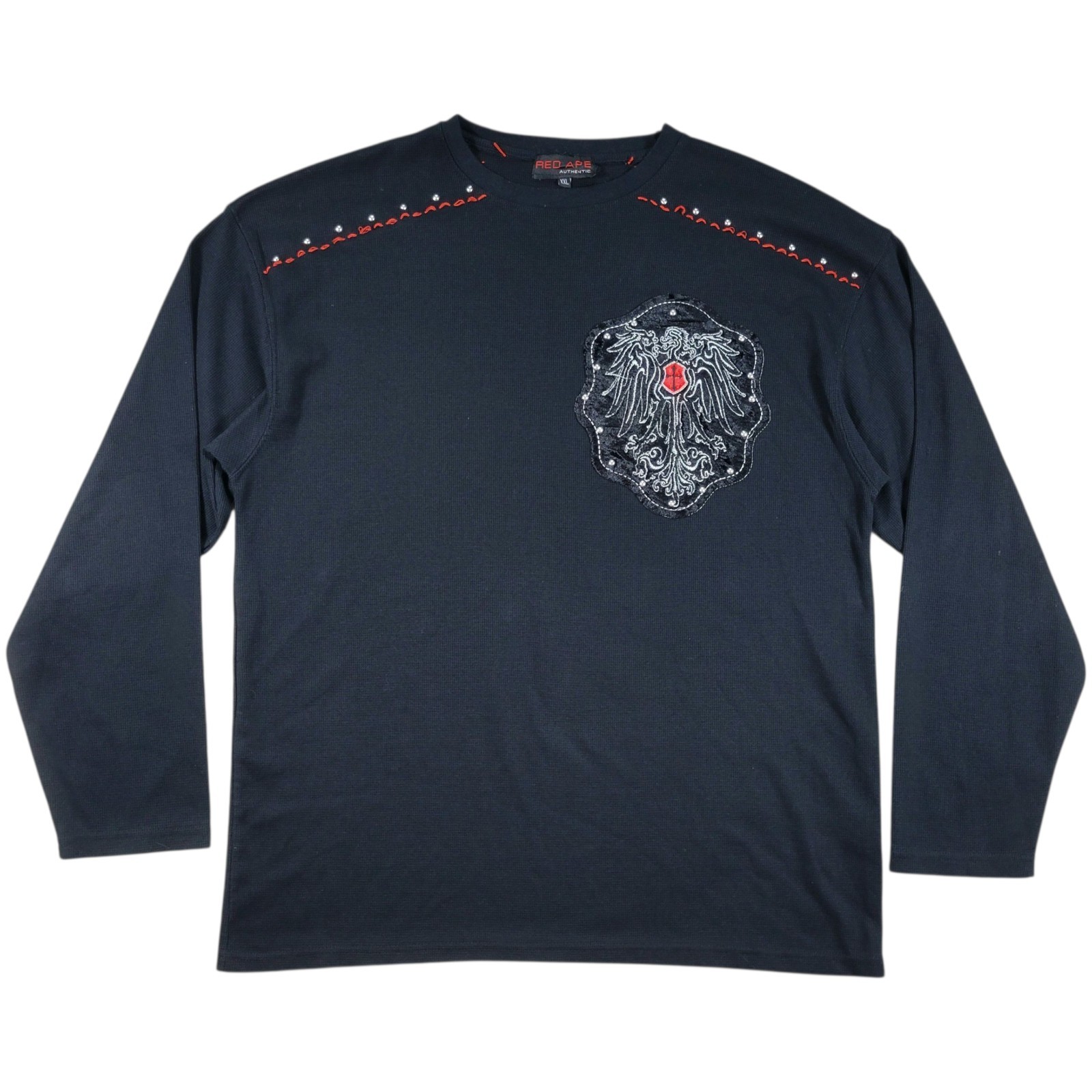 Red Ape Y2K Shirt Mens XXL Black Thermal Pullover Embroidered Streetwear Skater