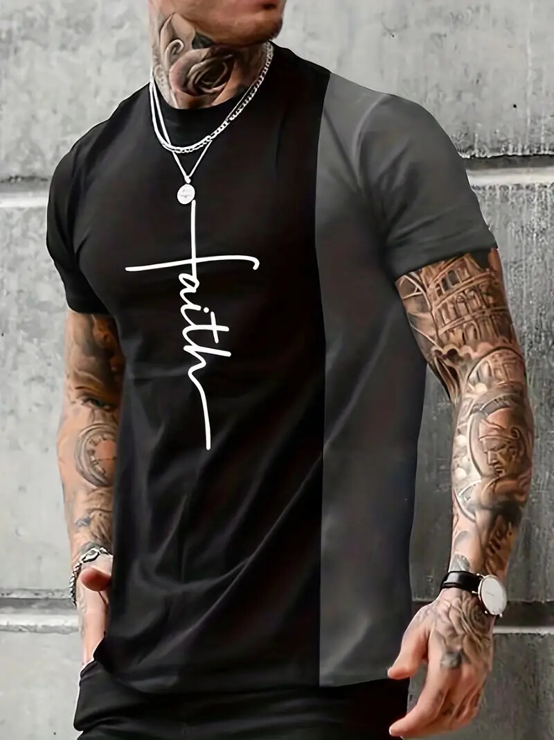 T Shirt Mens Black Gray Faith Cross Colorblock Short Sleeve Fashion Graphic Soft
