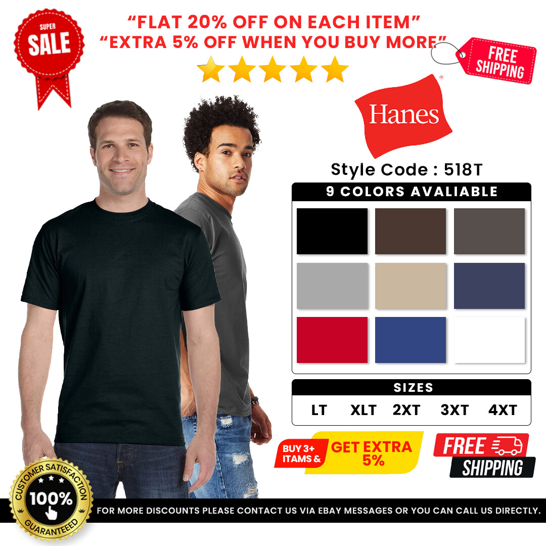 Hanes 518T Mens Cotton Short Sleeve T Shirt Crew Neck Beefy-T Tall T-Shirt