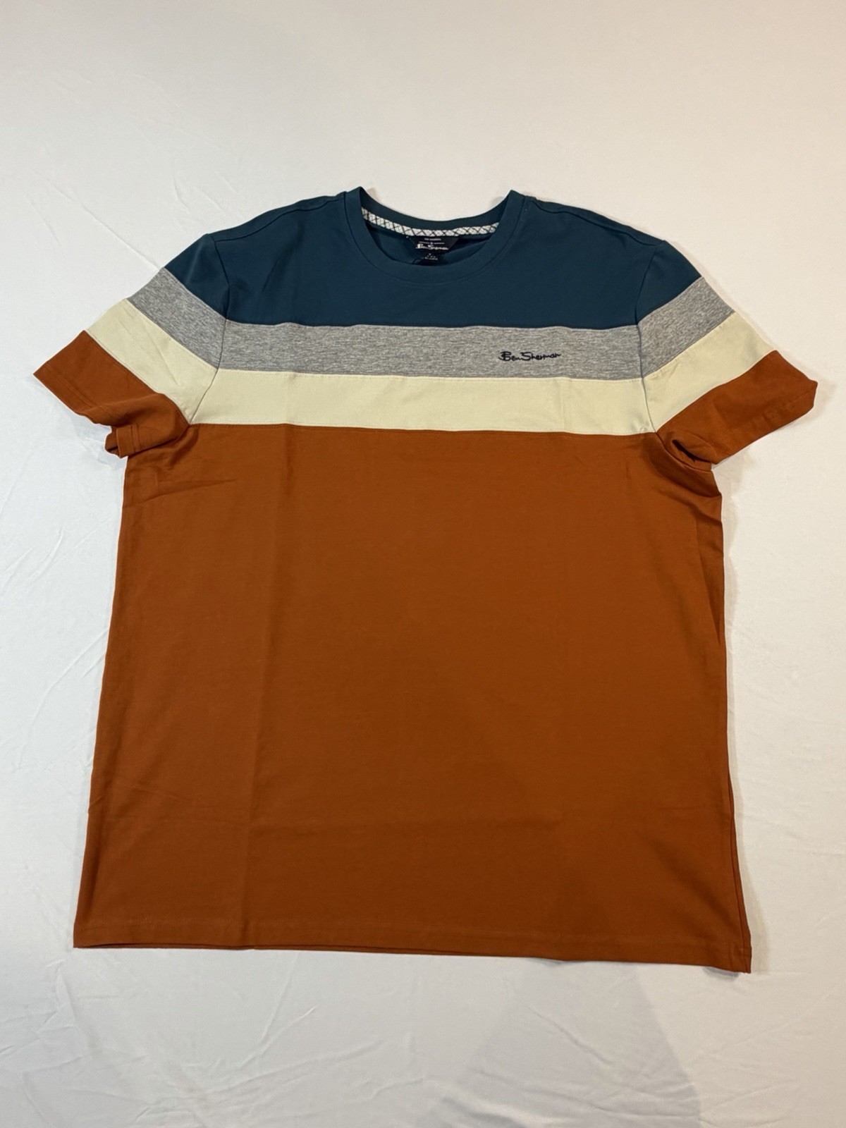 Ben Sherman L Colorblock Striped T-Shirt NWT Teal Gray Orange Crew Neck Stretch
