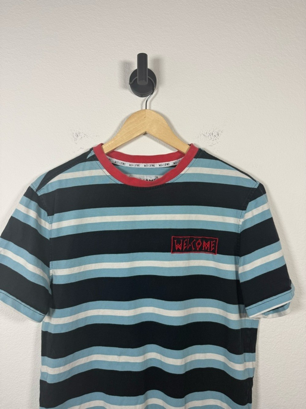 Welcome Skateboards Men’s Striped Crewneck Tee Blue/Red/Black/White M