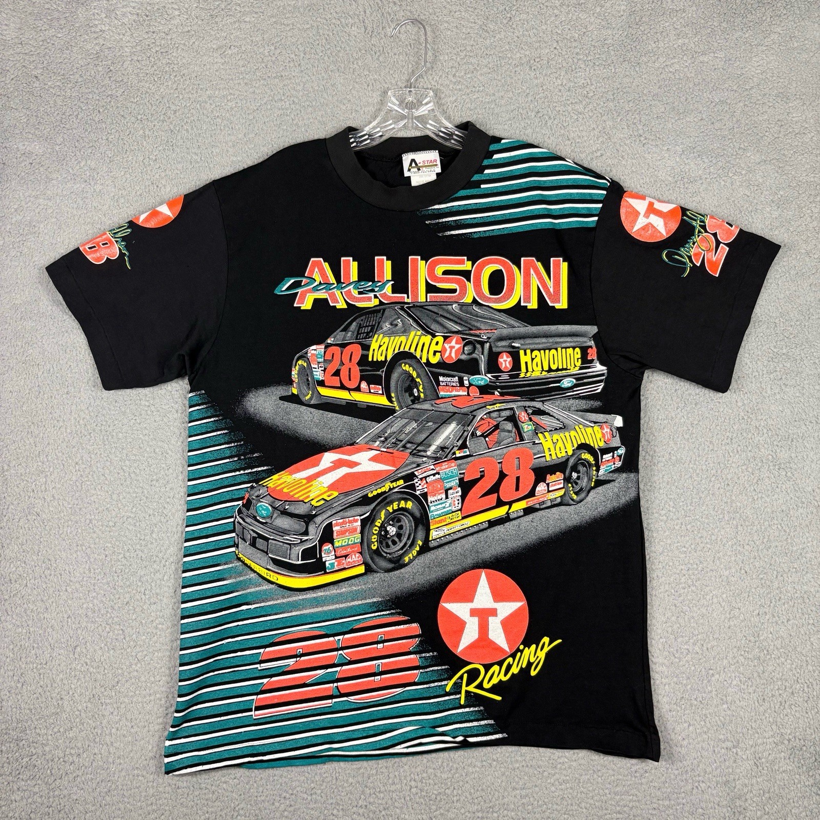 Vtg NASCAR AOP 1993 Davey Allison T-shirt Men’s XL 28 Havoline USA Single Stitch