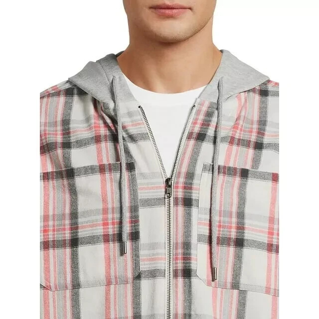 NWT No Boundaries Men’s S 34-36 Zip Hooded Gray Plaid Lightweight Flannel Shirt