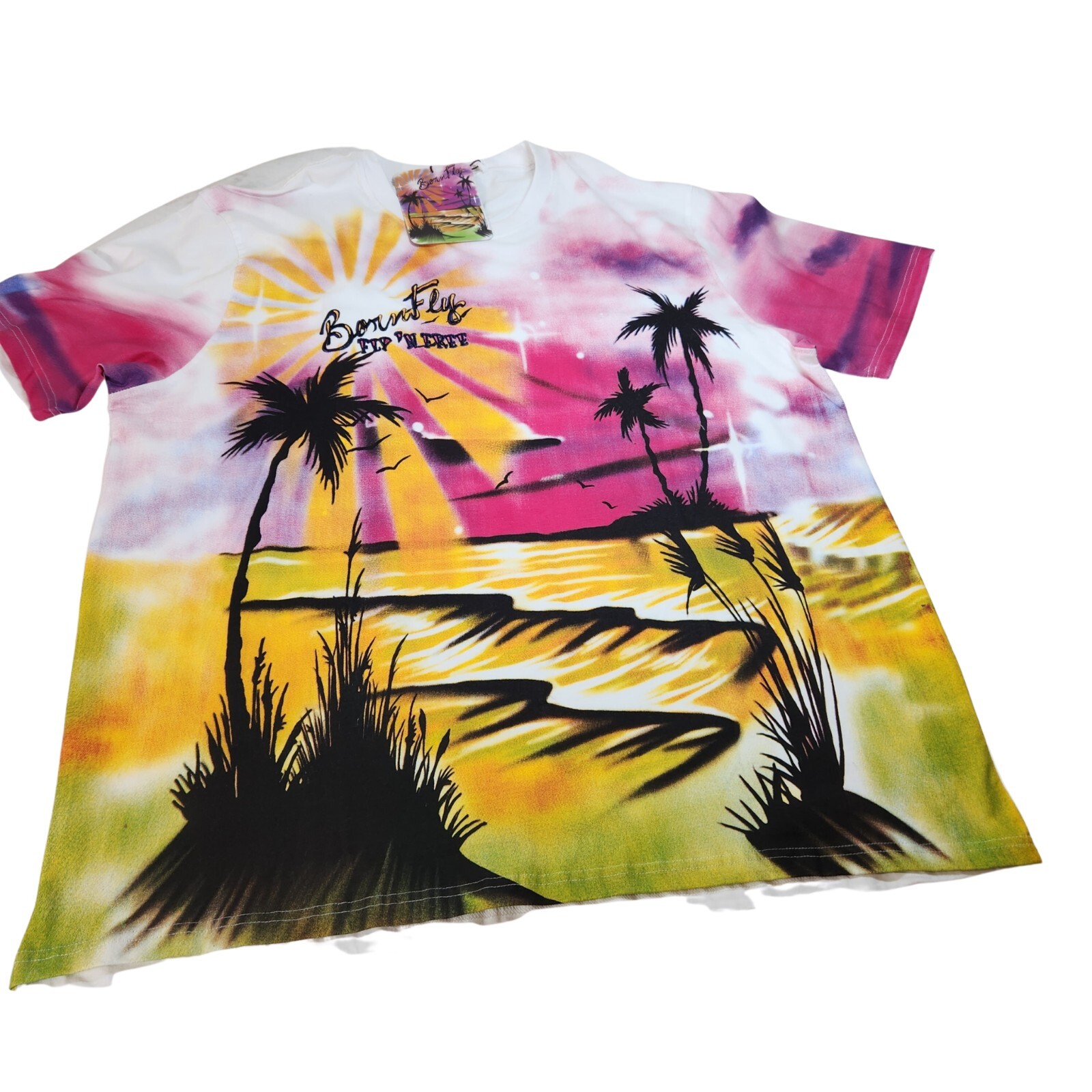 Born Fly Graphic T-Shirt Mens 2XL Pink Yellow Airbrush Beach Sunset Cotton NWT