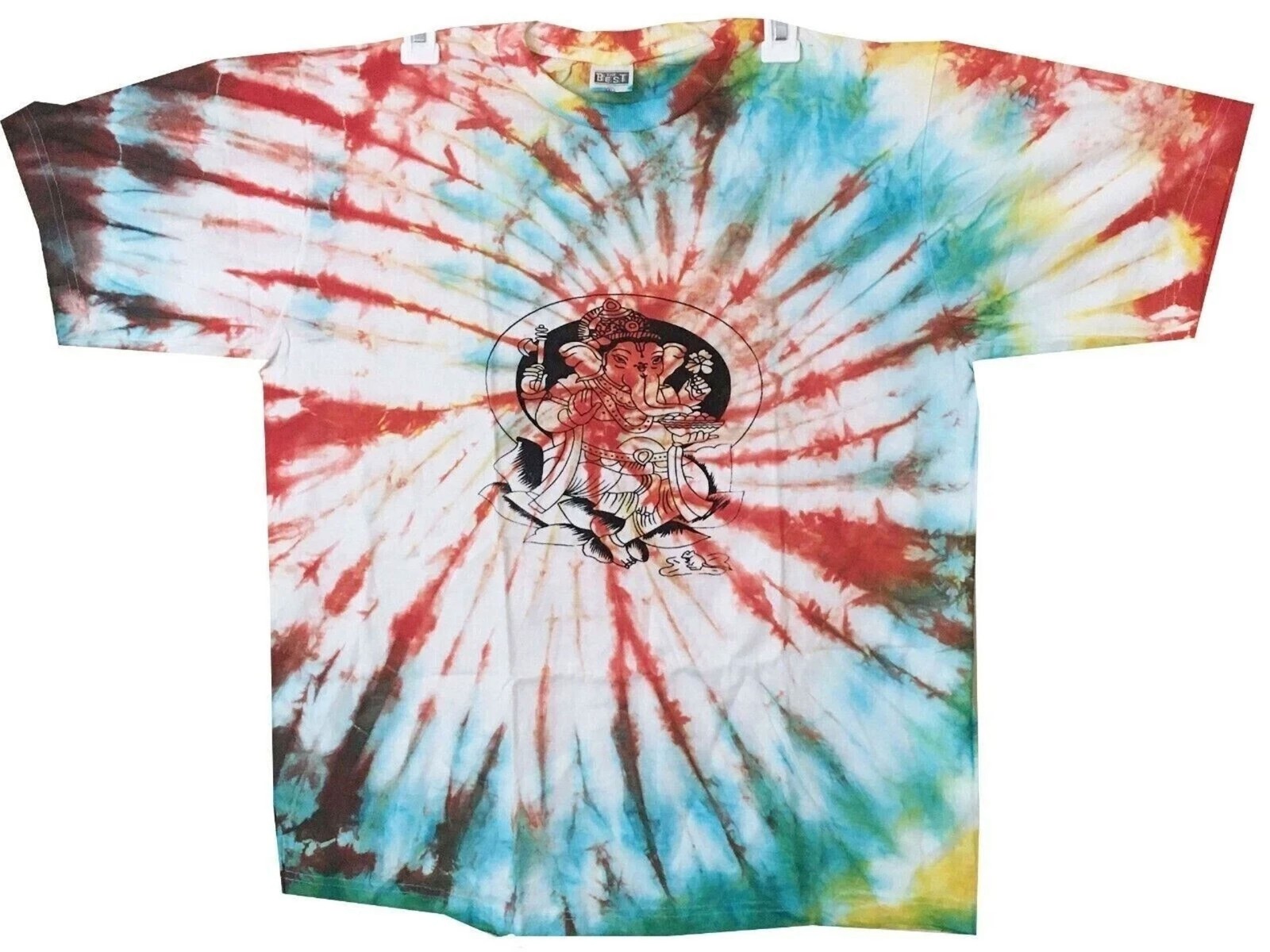 Ganesha Print Yoga T-Shirt Unisex Cotton Tie Dye Boho Summer Tee L 27″