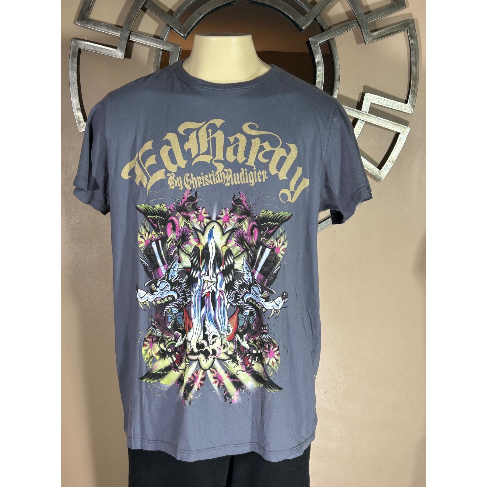 Ed Hardy Christian Audigier Men’s Graphic Shirt Dark Grey XXL Death Angel Lover