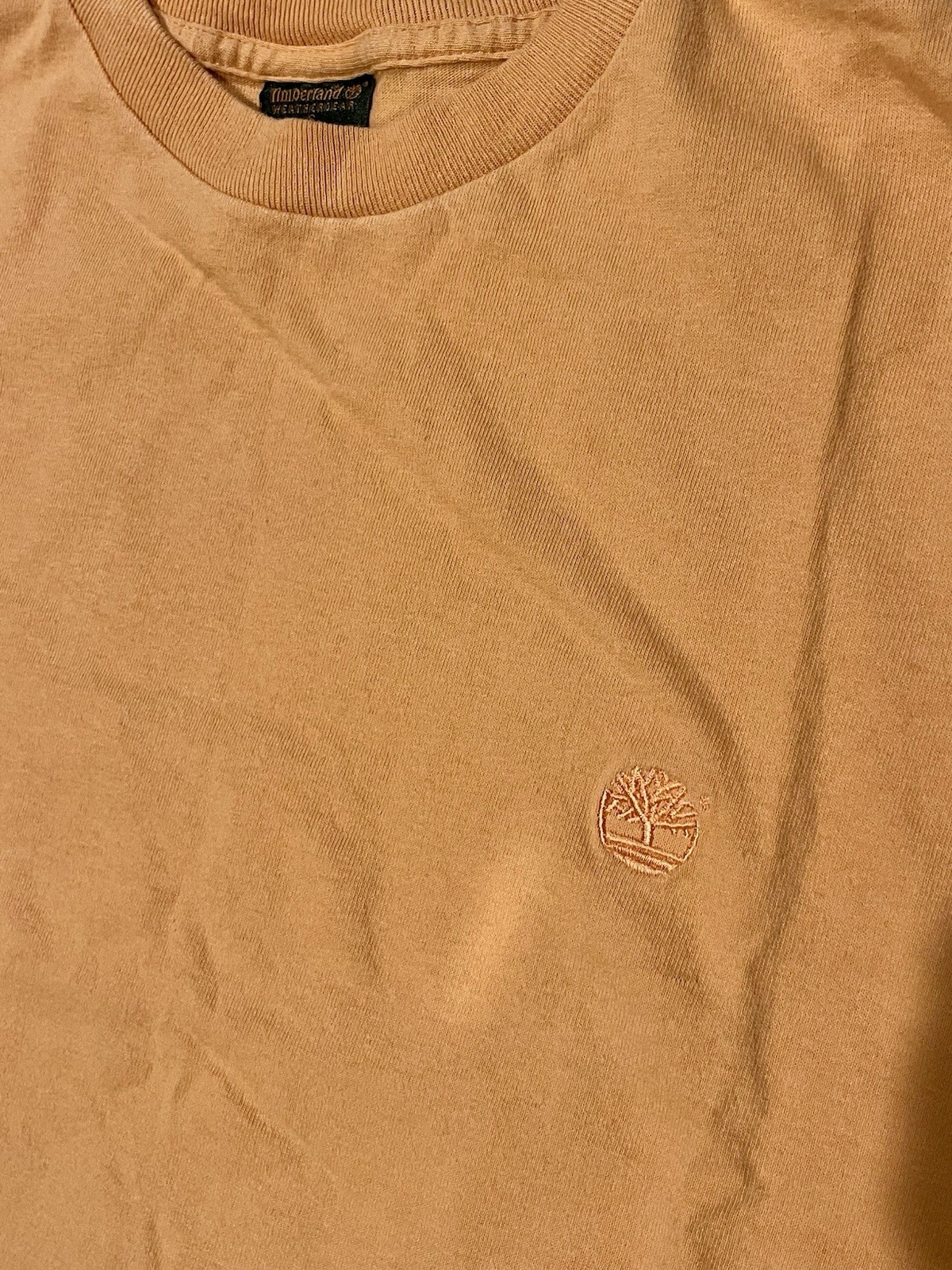 VINTAGE Timberland Weather Gear Mens T Shirt S Peach Embroidered Logo USA MADE