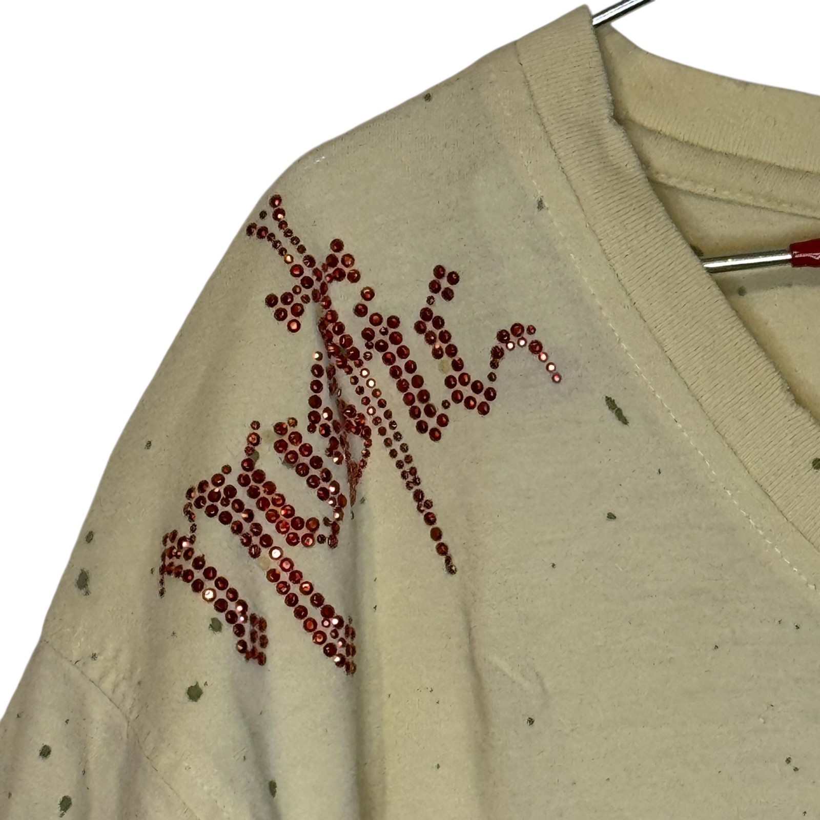 Nostic Men’s T-Shirt Paint Splatter Beaded V-Neck Short Sleeve Cotton Beige XL