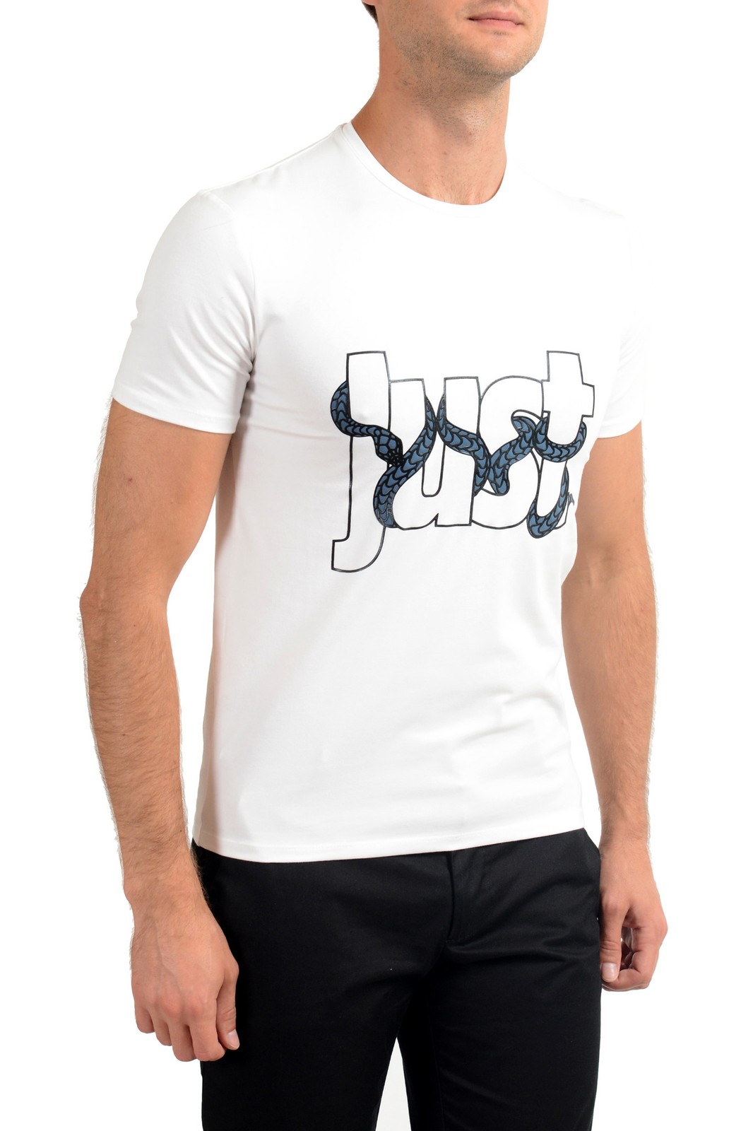 Just Cavalli Men’s White Graphic Print Crewneck T-Shirt US 2XL IT 56