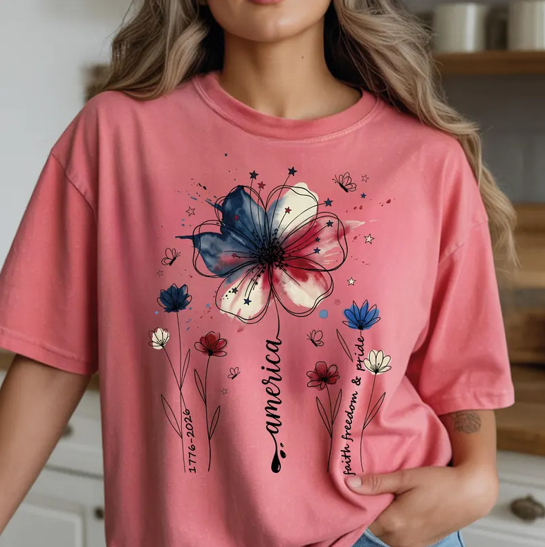 USA 250th Anniversary Comfort Colors Floral Tee, 1776-2026 Patriotic Shirt