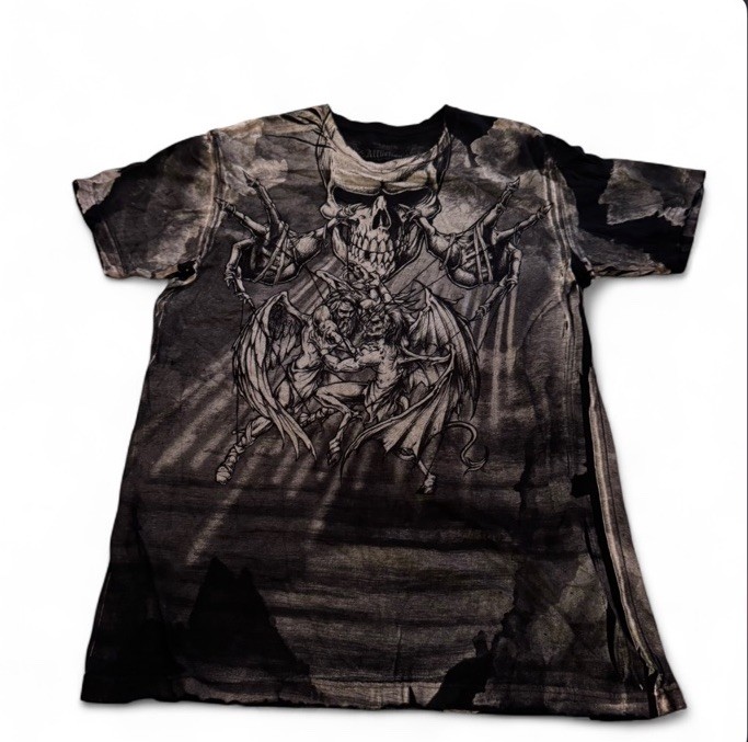 Affliction Puppet Master Shirt Angels vs Demons Gray Men’s XL Rare Y2K