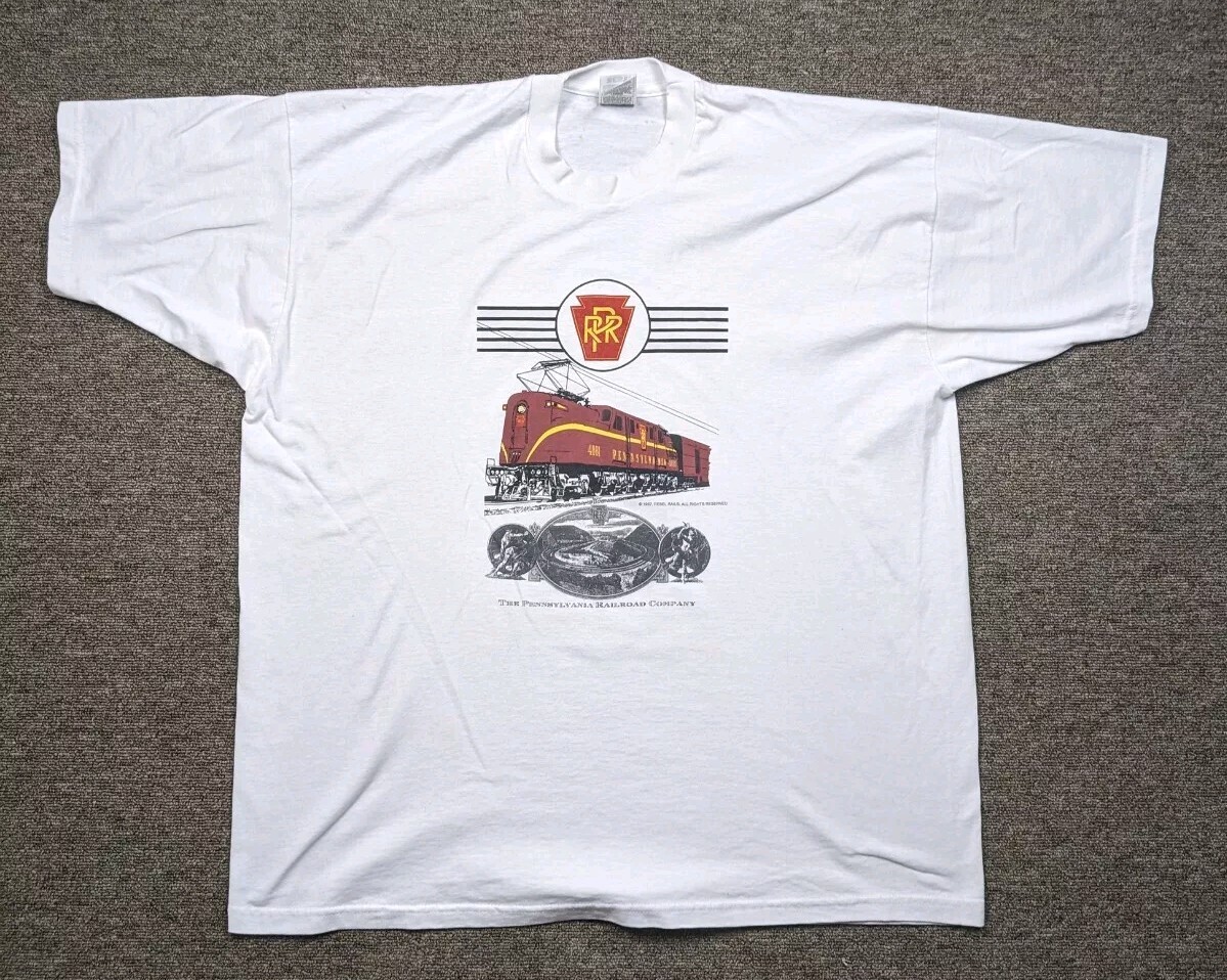 Vintage PENNSYLVANIA RAILROAD COMPANY Shirt Men 2XL White Single Stitch Trains