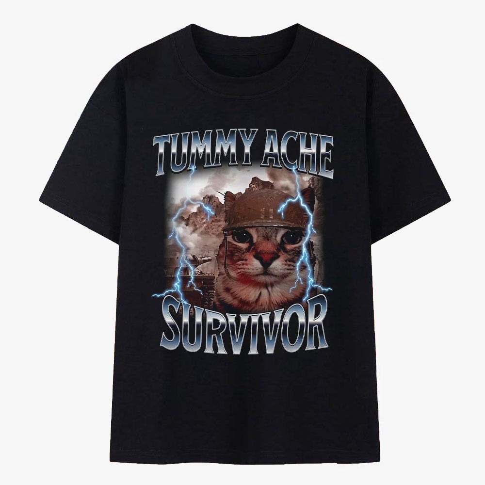 Tummy Ache Survivor T-Shirt Funny Cat Meme Soldier Graphic Vintage Heavy Metal