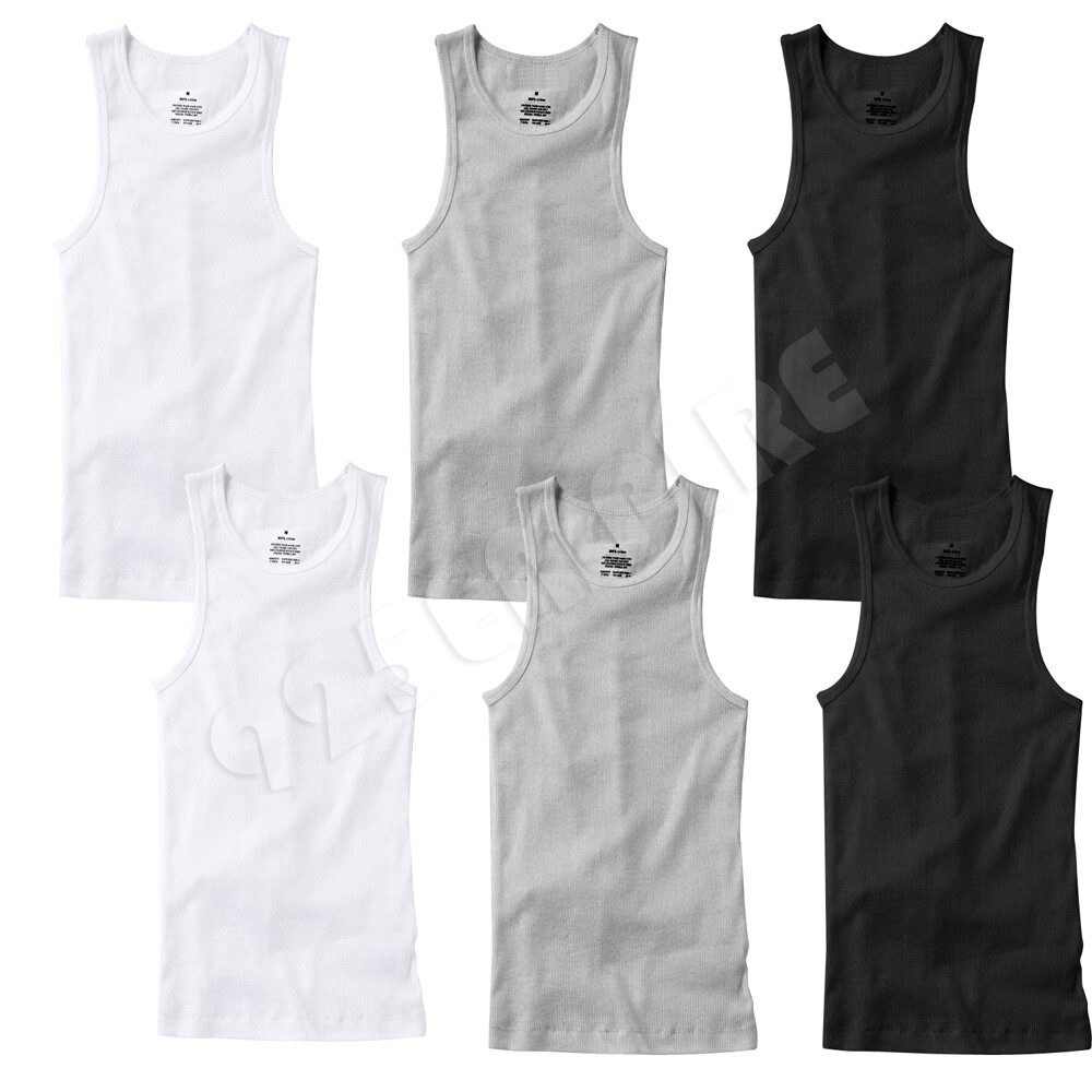 Men 100%Cotton Ribbed Black/White/Grey Tank Top A-Shirt Wife Beater Undershirts