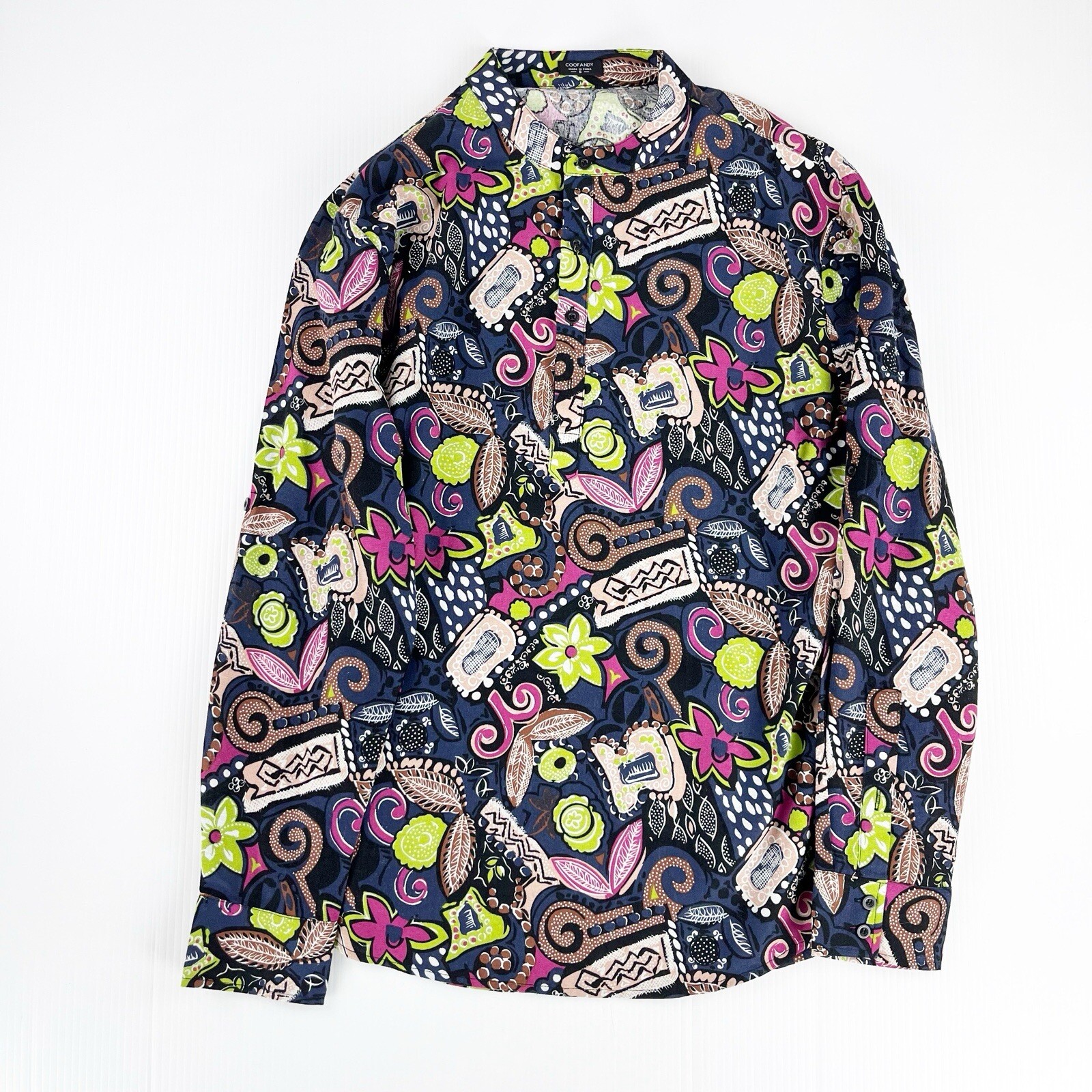 Coofandy Blue Green Floral Long Sleeve 1/4 Button Shirt Top Mens S