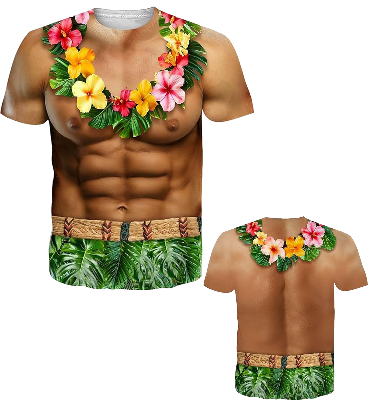 Funny 3D Muscle Abs Hawaiian Floral Lei Hula Skirt Illusion Graphic T-Shirt
