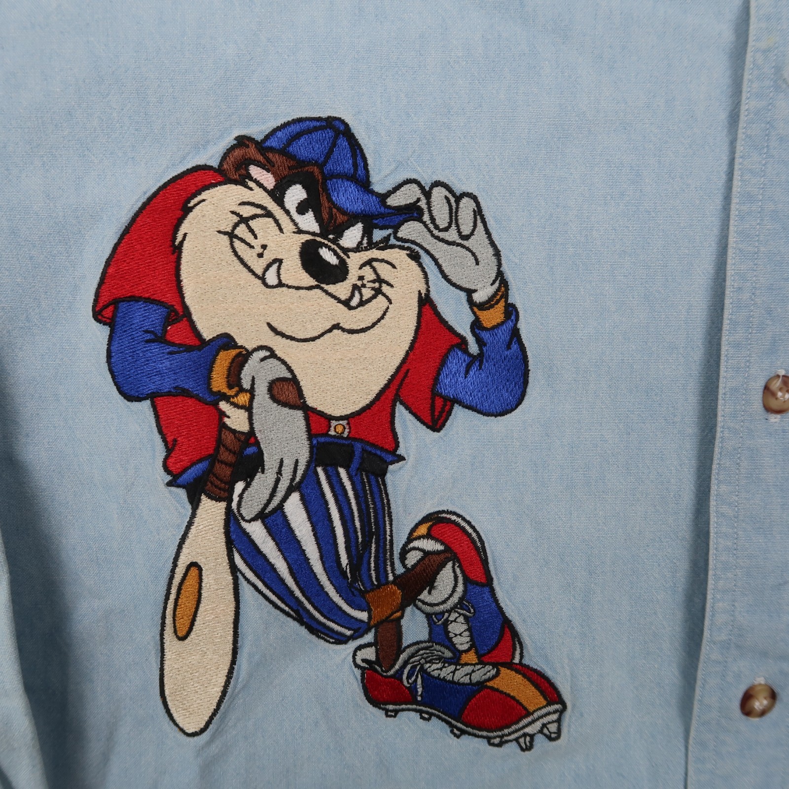 Vintage 90s Looney Tunes Chambray Denim Shirt Bugs Bunny Taz Medium M