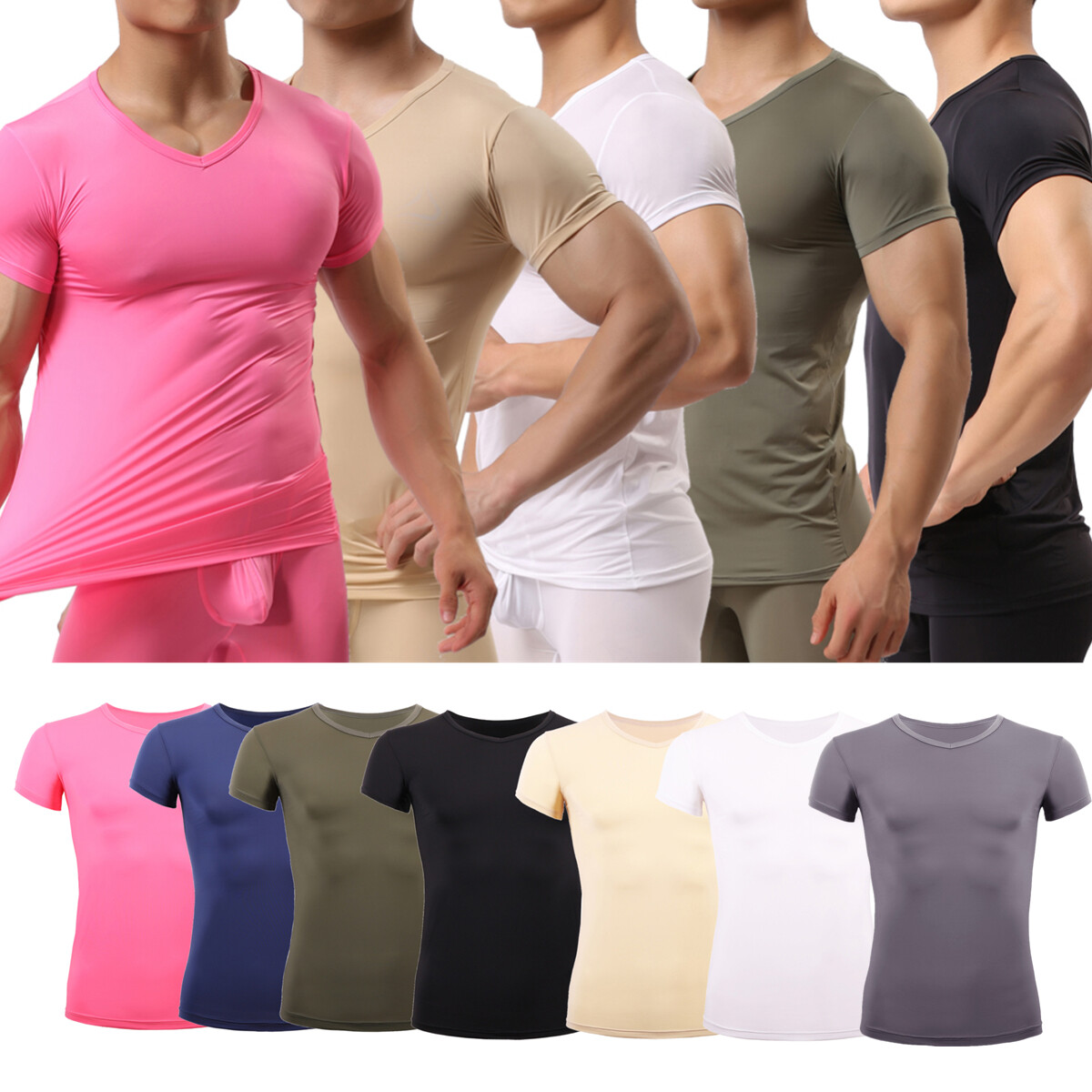 Mens Sport Gym T-Shirt Sexy Muscle Tops Fitness Short Sleeve Tee V-Neck Tights
