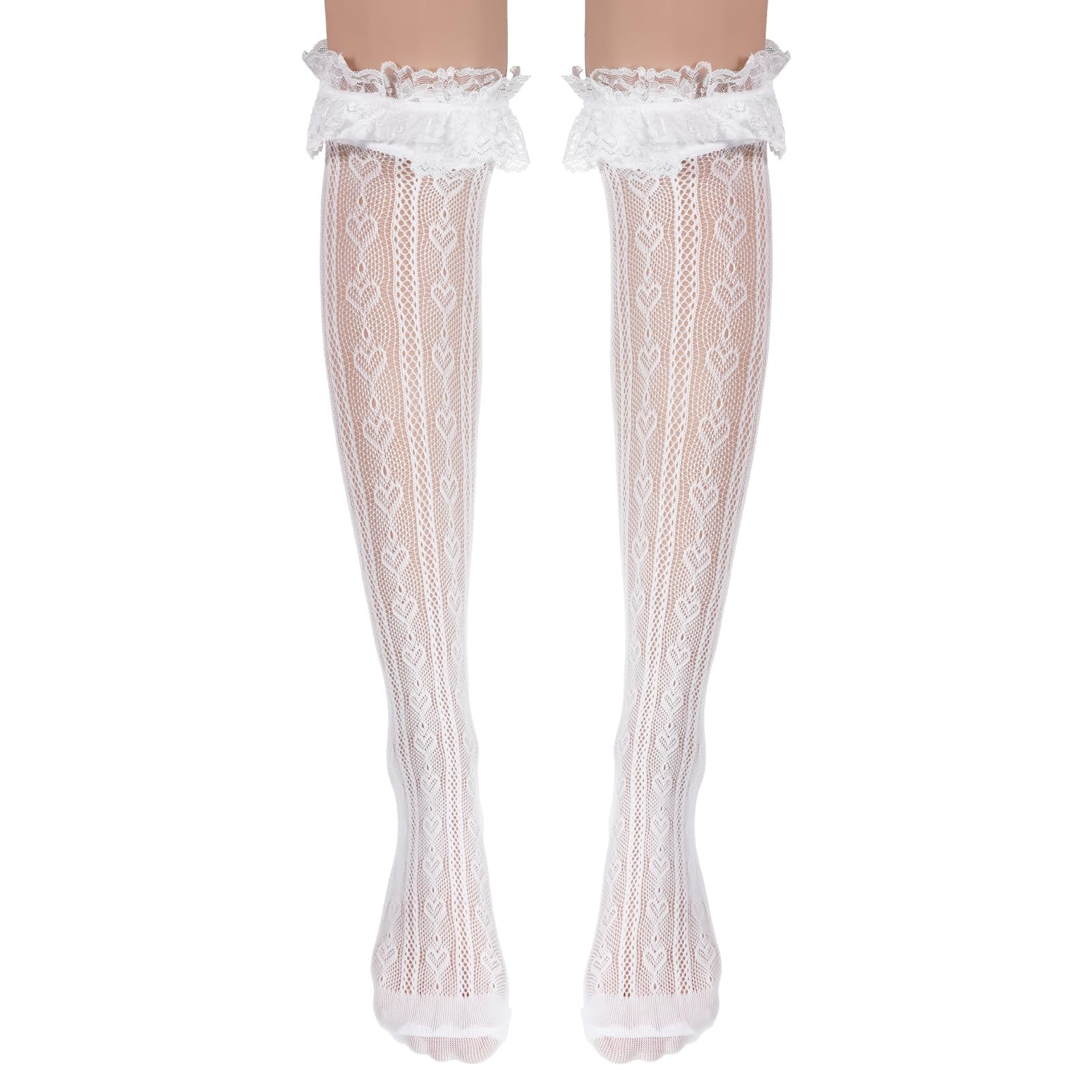 Lace Knee High Socks, Thigh High Stocking with Lace Trim, White Laces Socks W…