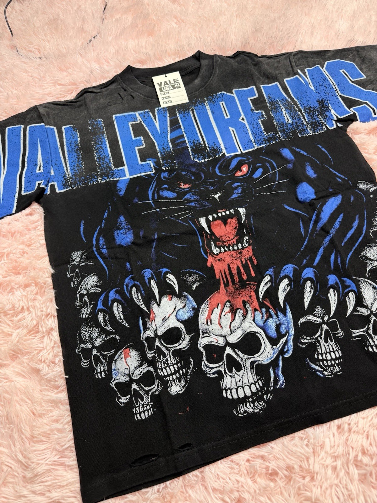 Vale USA Men’s M Black/Blue Skull Panther Graphic Print Crew Neck T-Shirt