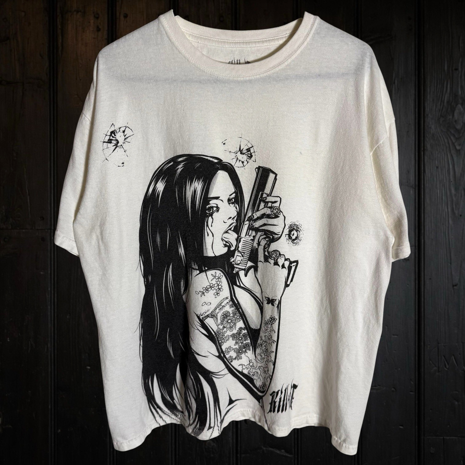 Kill It Gun Girl Tattoo Print “Addicted to Chaos) T Shirt Sz L Grunge Metal Tat