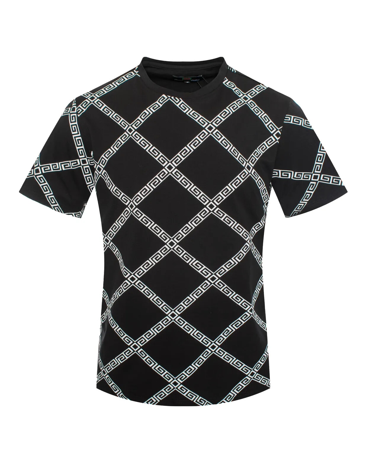 Men Italian style Short Sleeves CREW NECK Black T-SHIRT White Greek Key pattern