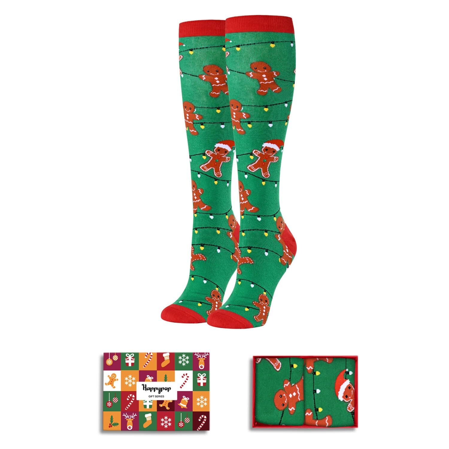 Funny Christmas Knee High Socks for Women Girls Holiday Socks Gingerbread Soc…