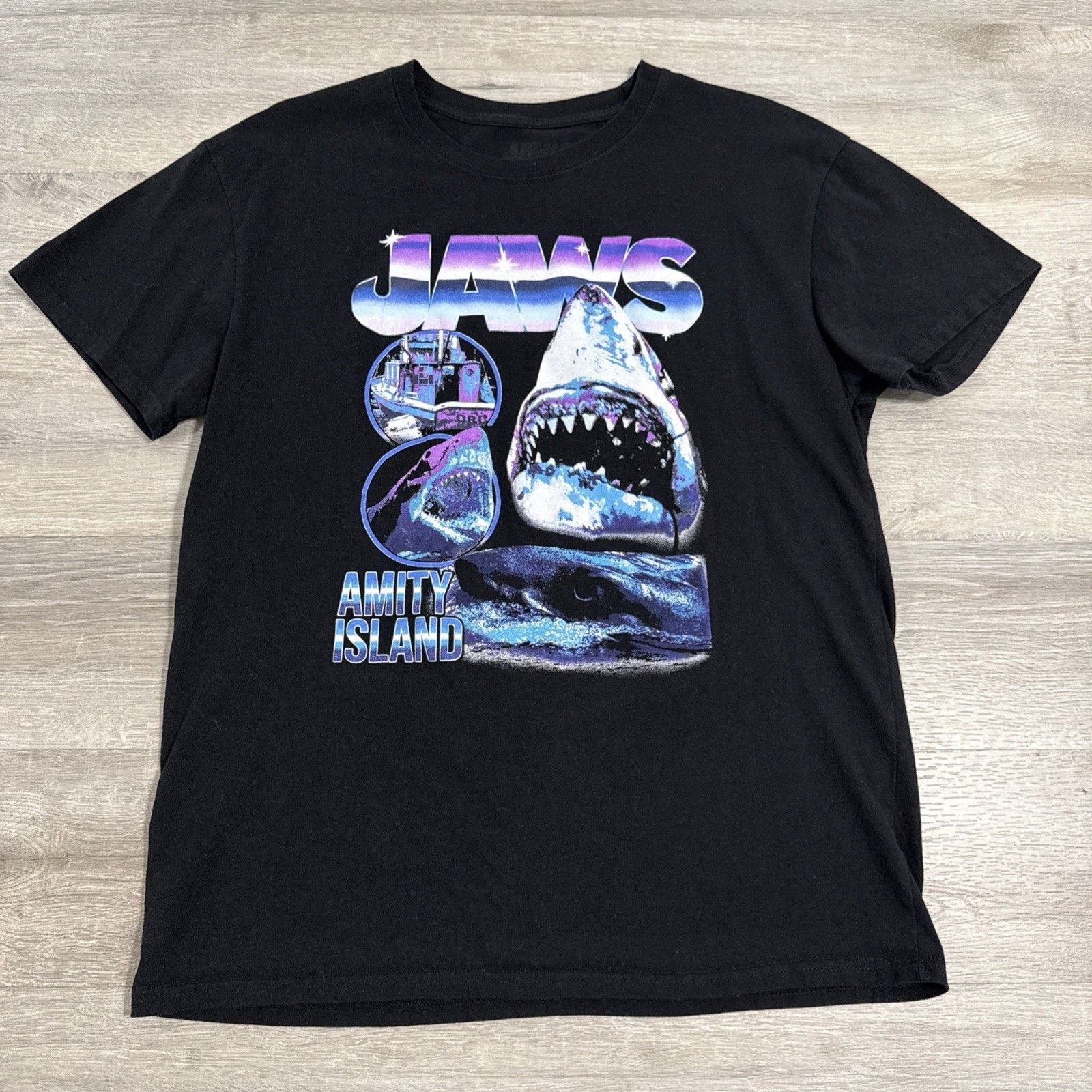 Jaws Shirt Amity Island Shark Movie Tee Men’s Black Short Sleeve Large
